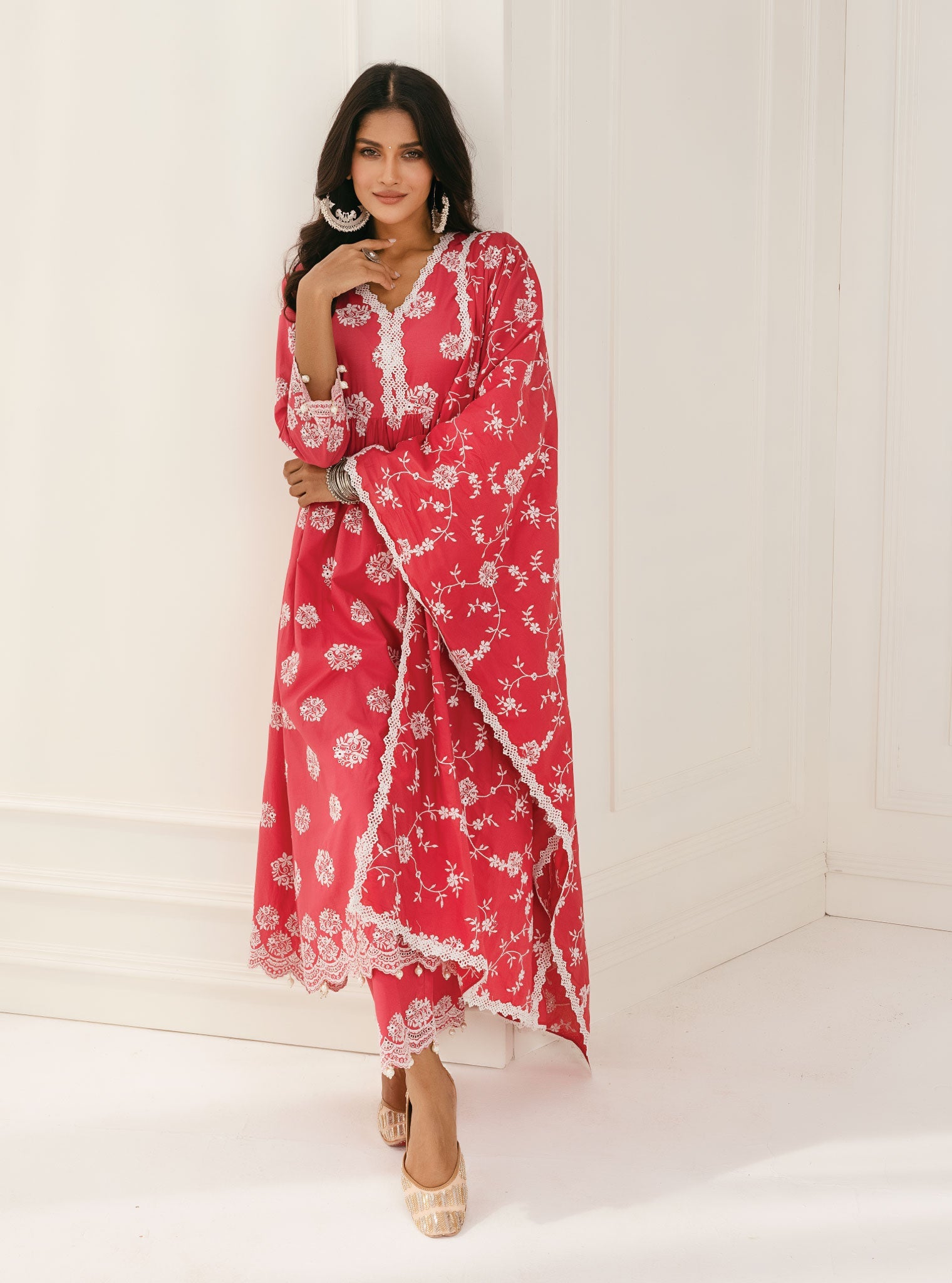 Mulmul Cotton Malana Red Kurta With Malana Red Palazzo