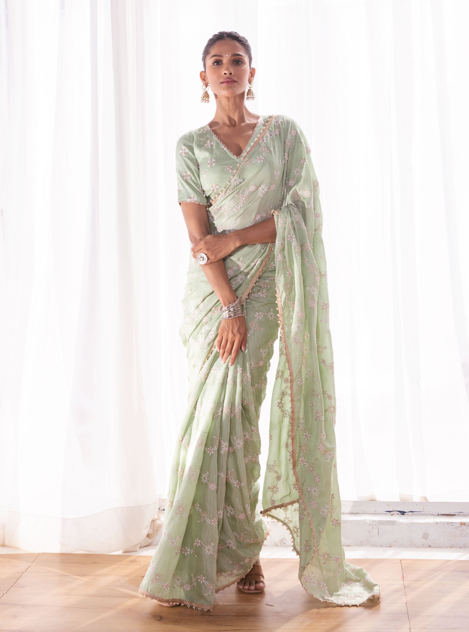 Mulmul Japanese Silk Pelling Green Saree