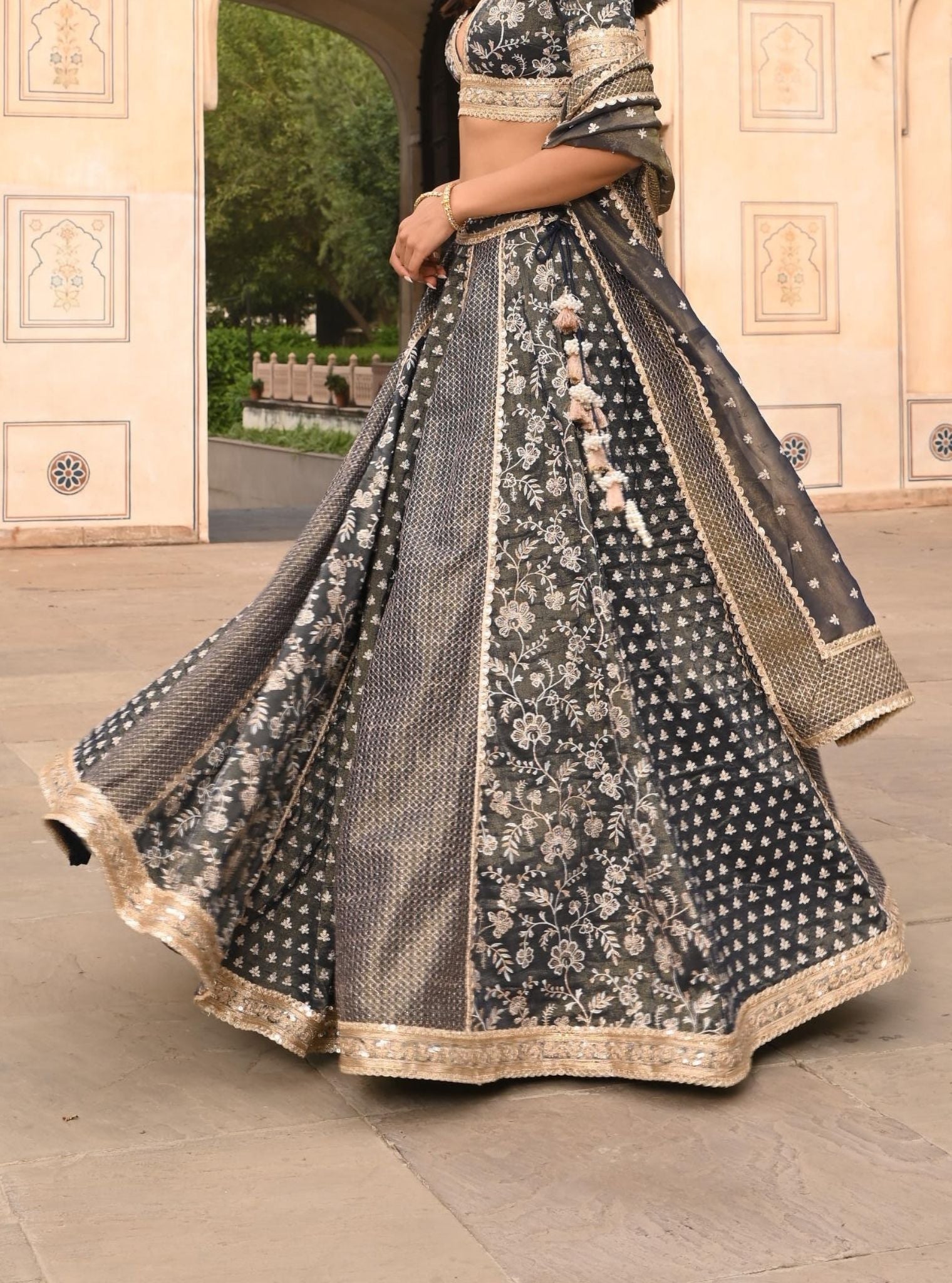 Mulmul Luxe Tissue Satin Deewani Navy Lehenga