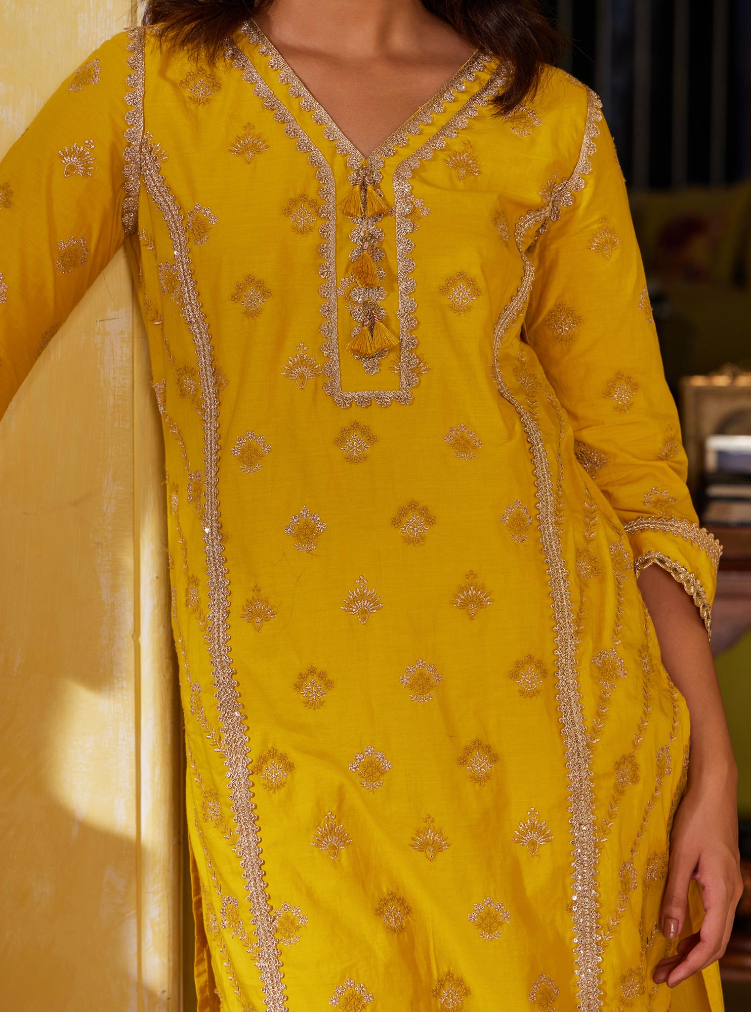 Mulmul Cotton Titli Yellow Kurta with Mulmul Cotton Titli Yellow Pant