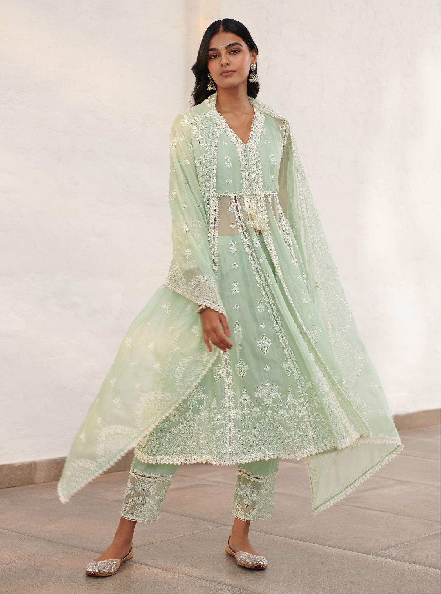 Mulmul Organza Sheffield Green Anarkali Kurta With Cotton Sheffield Green Pant