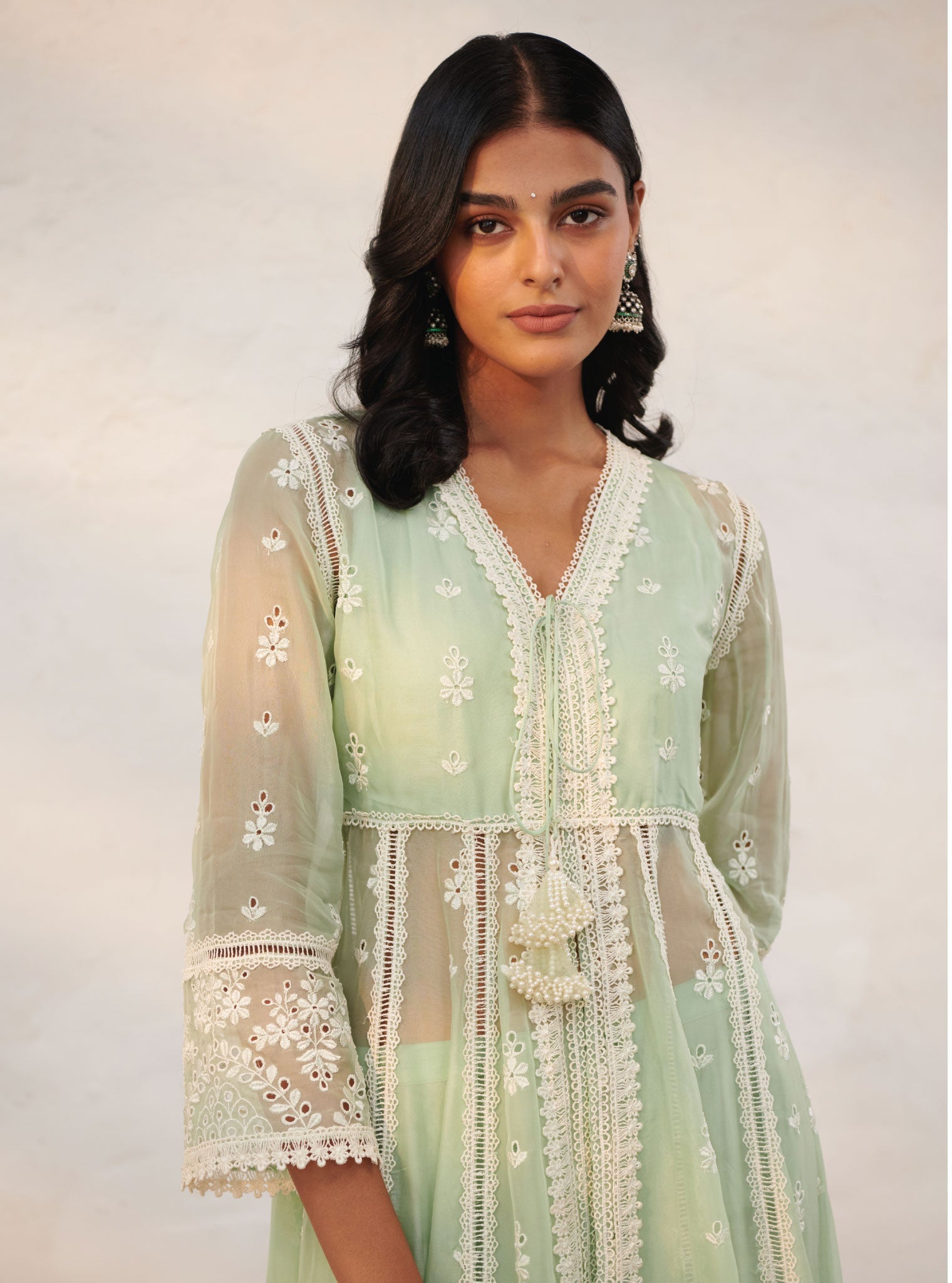 Mulmul Organza Sheffield Green Anarkali Kurta With Cotton Sheffield Green Pant