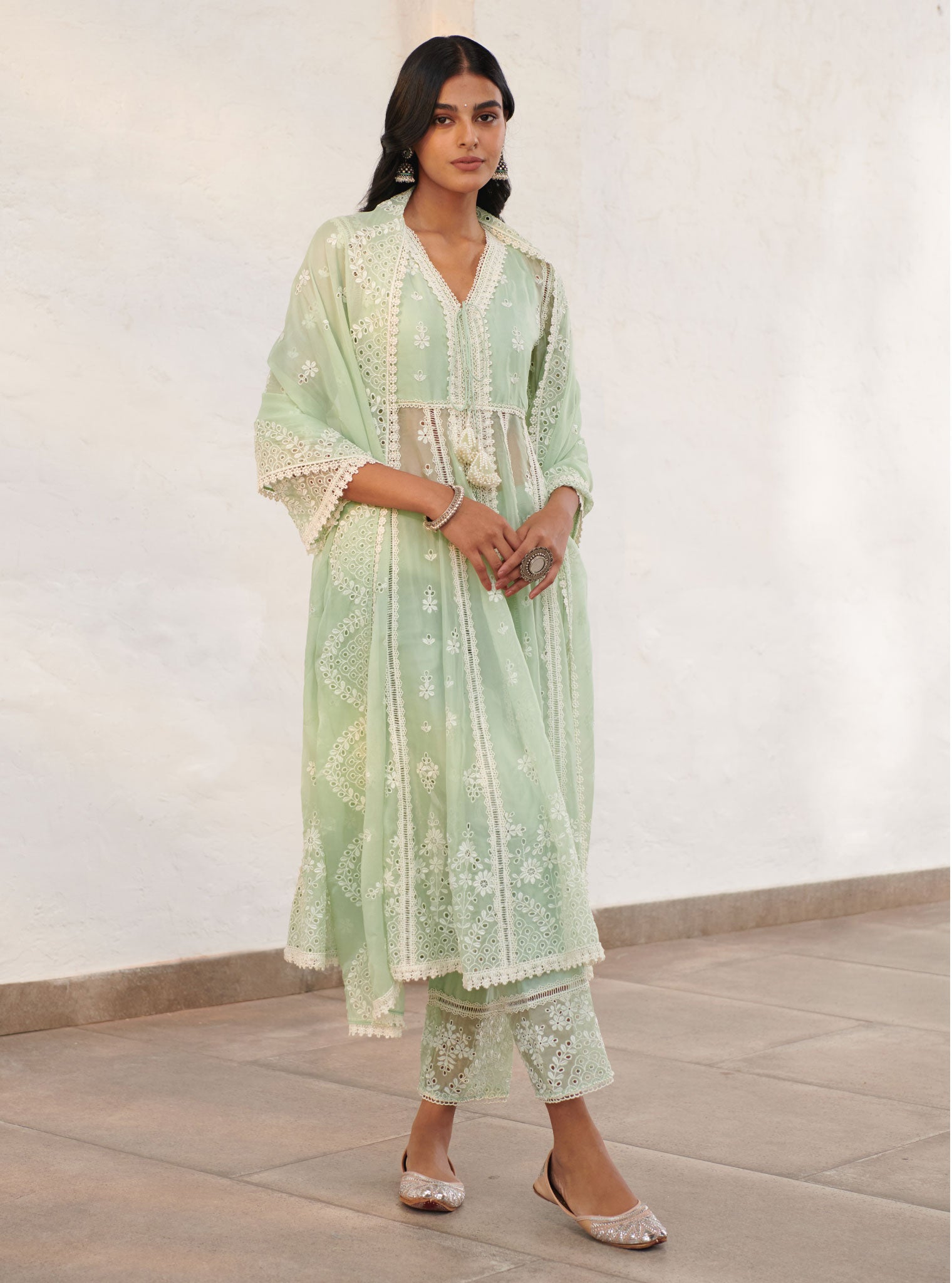 Mulmul Organza Sheffield Green Anarkali Kurta With Cotton Sheffield Green Pant