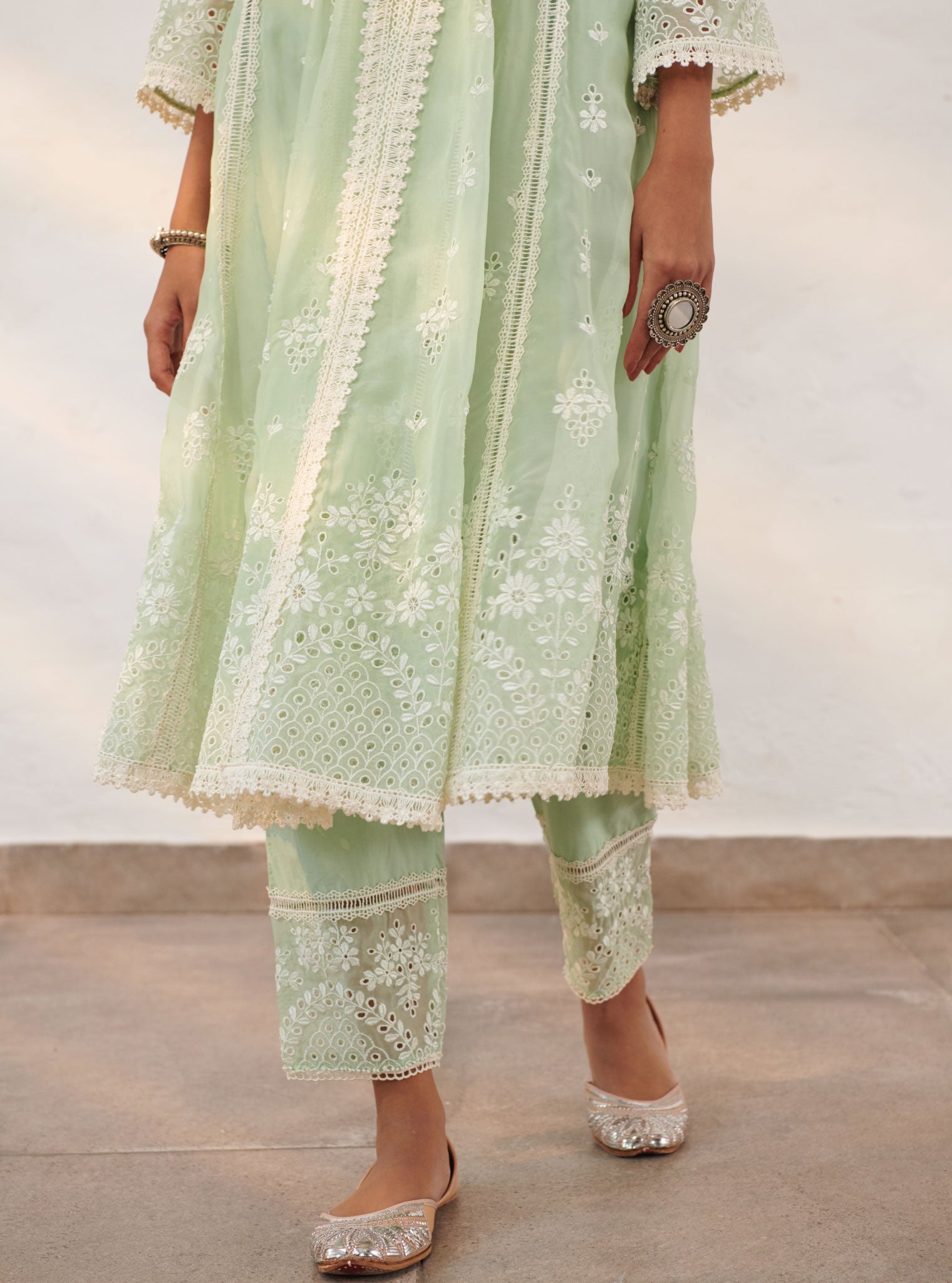 Mulmul Organza Sheffield Green Anarkali Kurta With Cotton Sheffield Green Pant