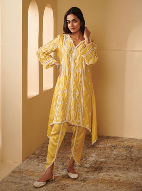 Mulmul Cupro Silk Semya Yellow Kurta With Semya Yellow Dhoti Pant