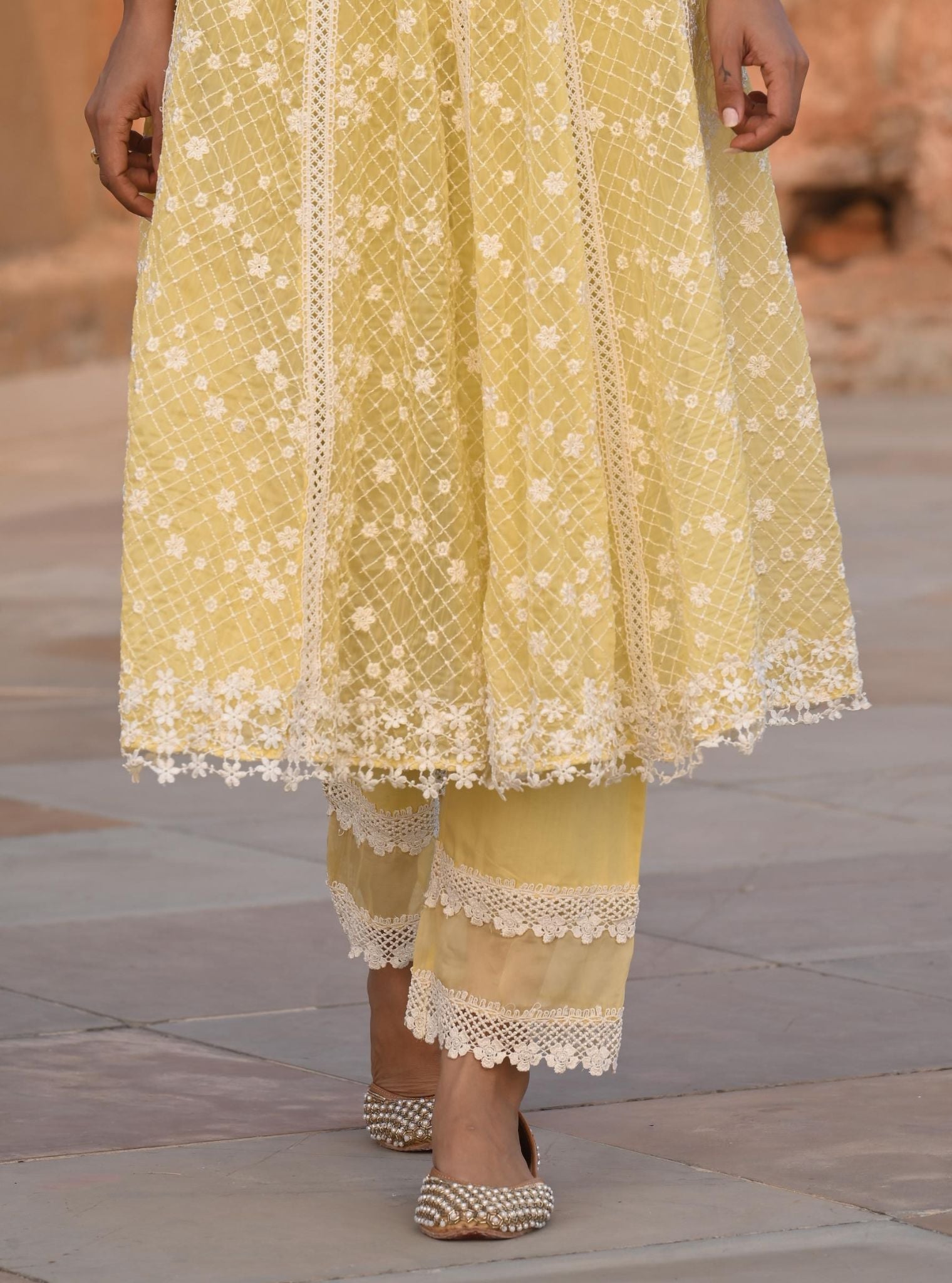 Mulmul Organza Zola Yellow Anarkali Kurta With Mulmul Cotton Zola Yellow Pant