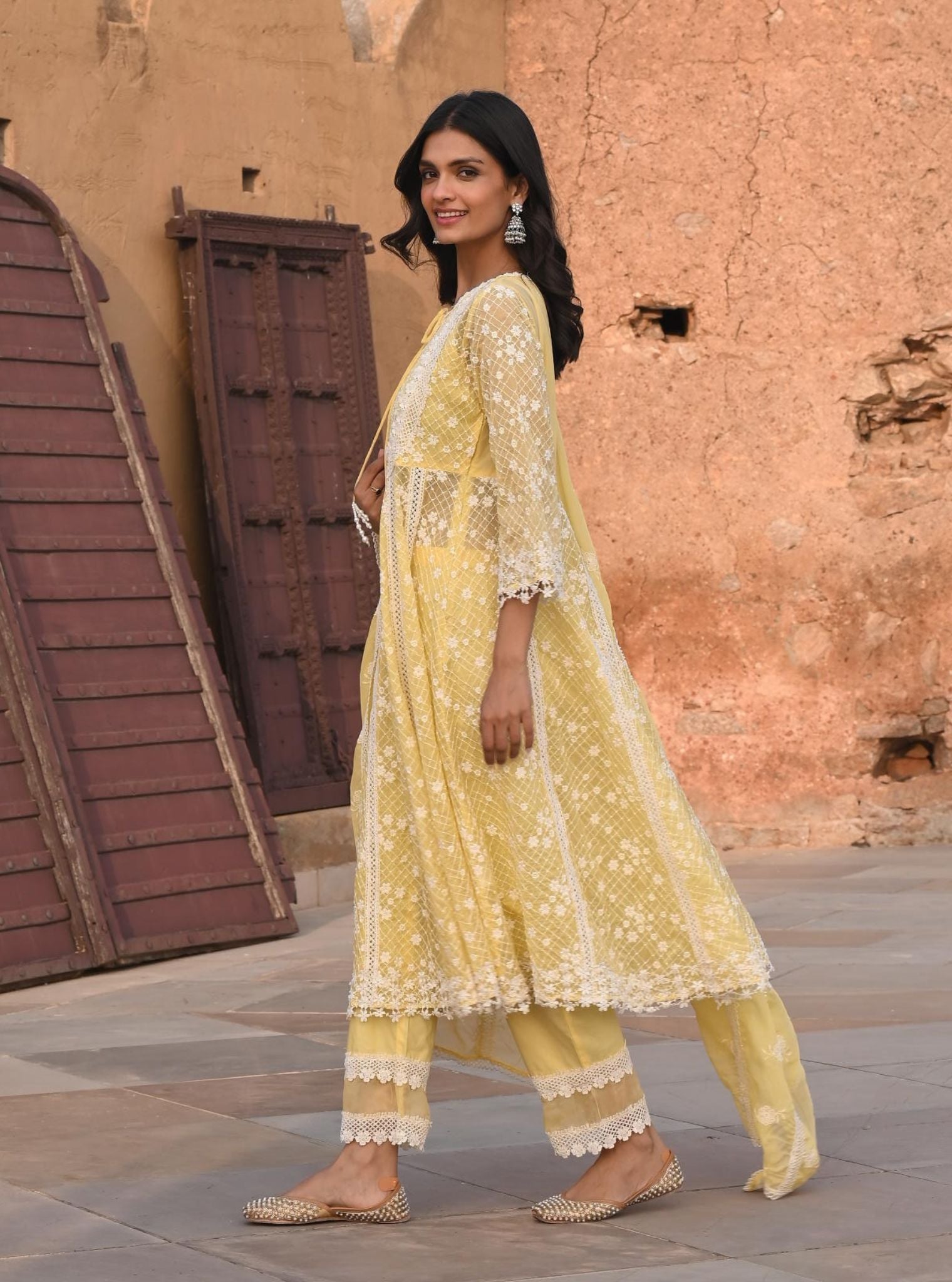 Mulmul Organza Zola Yellow Anarkali Kurta With Mulmul Cotton Zola Yellow Pant