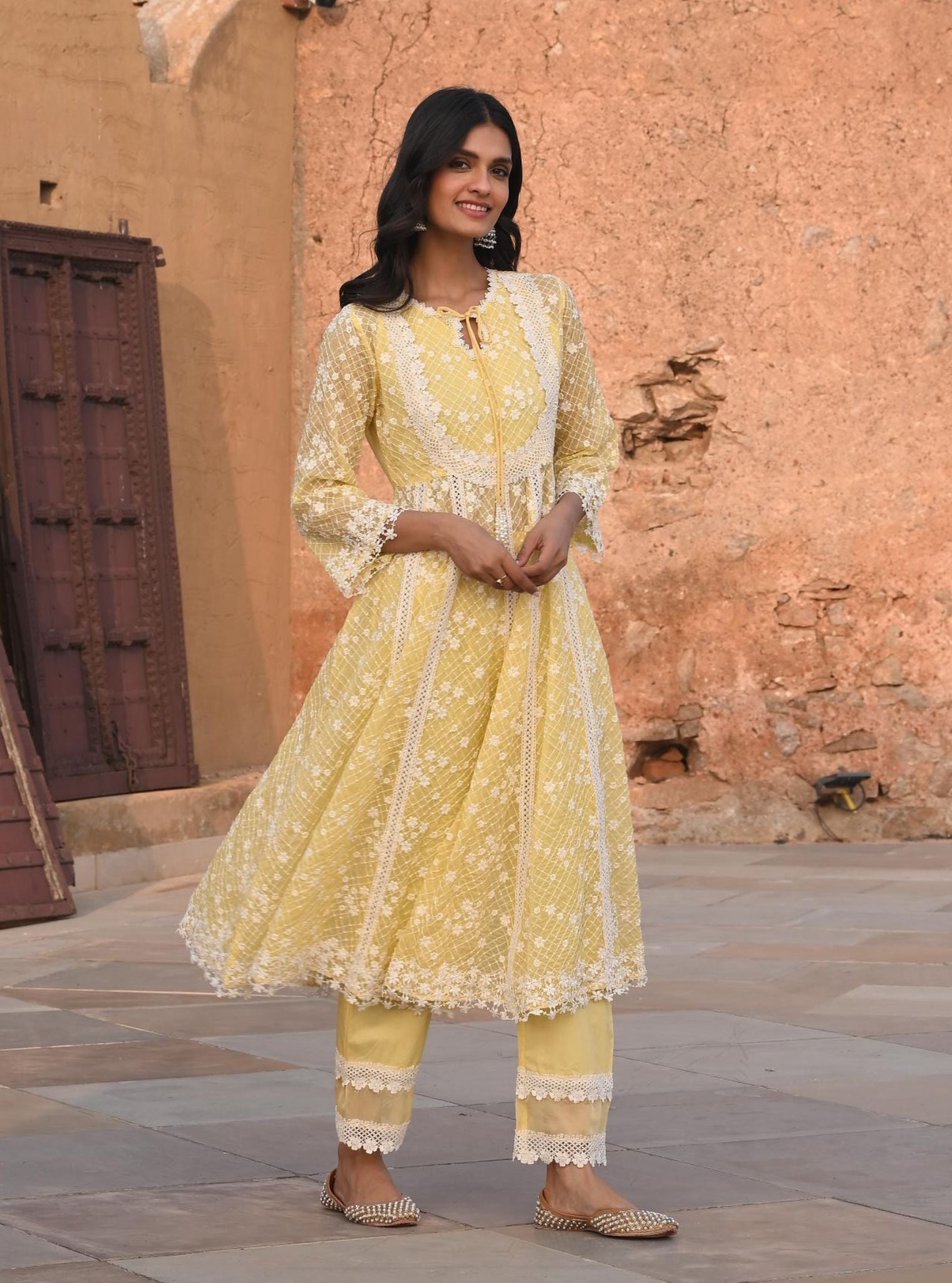 Mulmul Organza Zola Yellow Anarkali Kurta With Mulmul Cotton Zola Yellow Pant