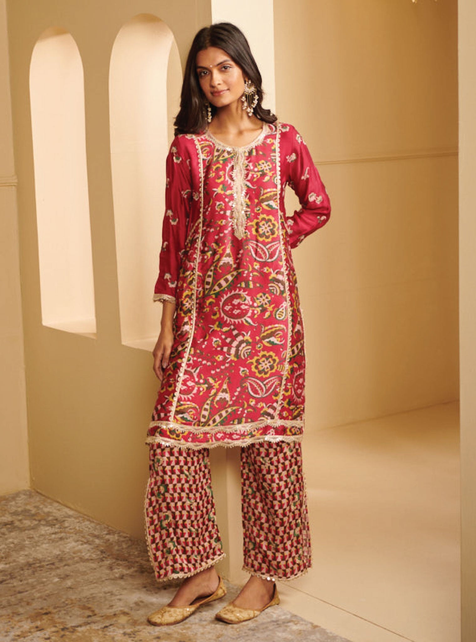 Mulmul Cupro Kenna Fuchsia Kurta With Kenna Fuchsia Pant