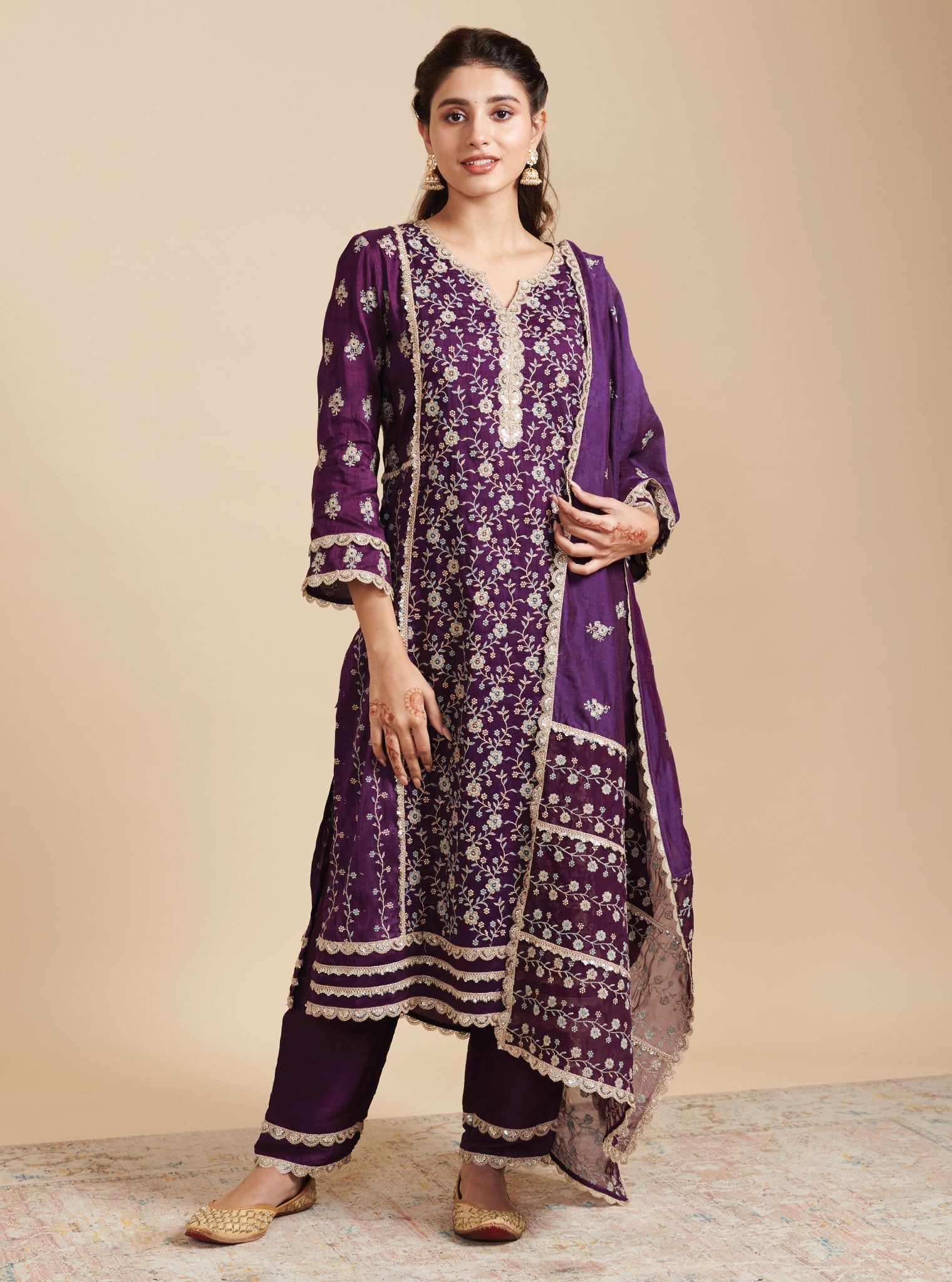 Mulmul Silk Kaashni Purple Kurta With Mulmul Silk Kaashni Purple Pant