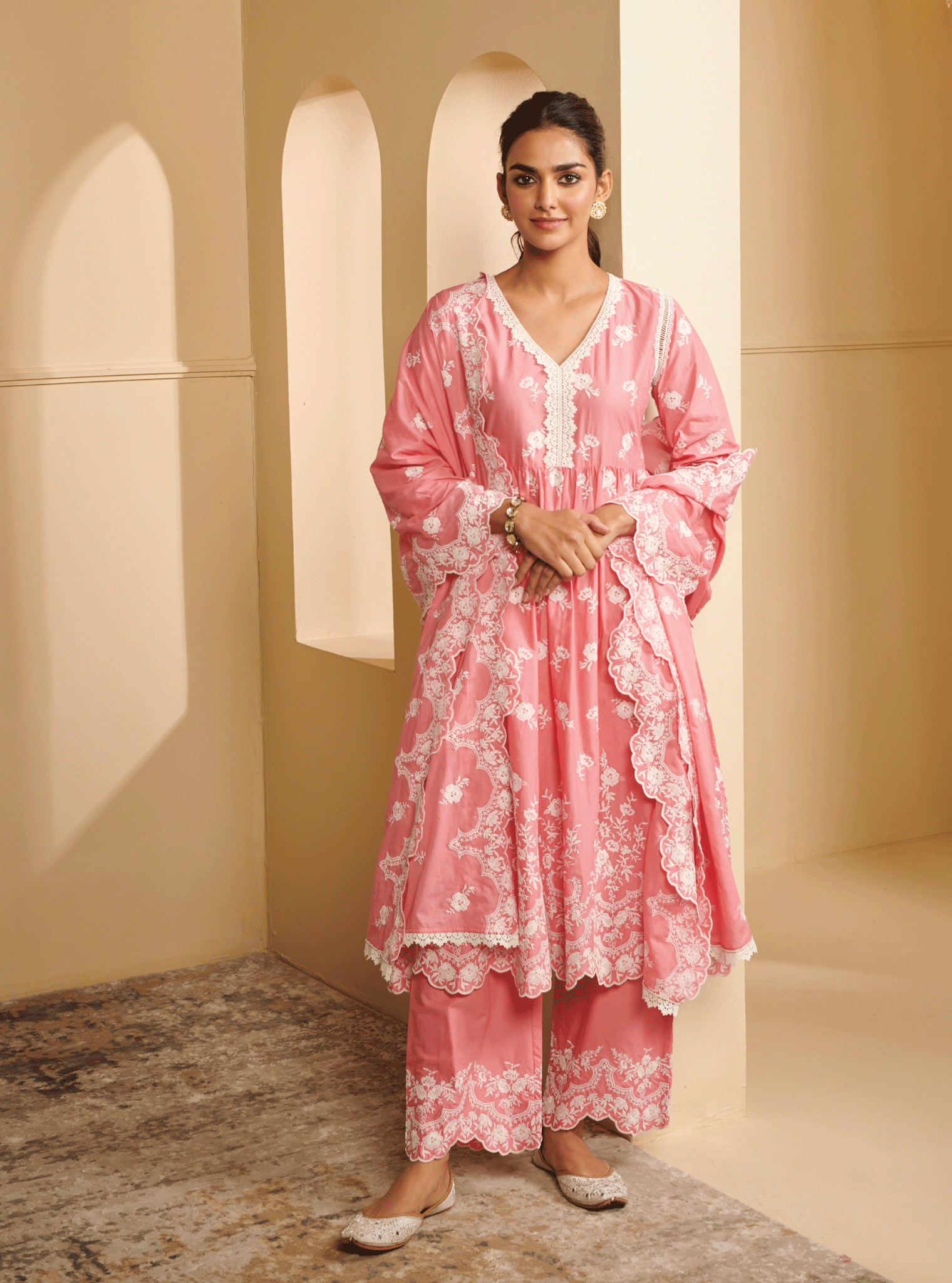 Mulmul Cotton Pairi Anarkali Pink Kurta With Pairi Pink Pant