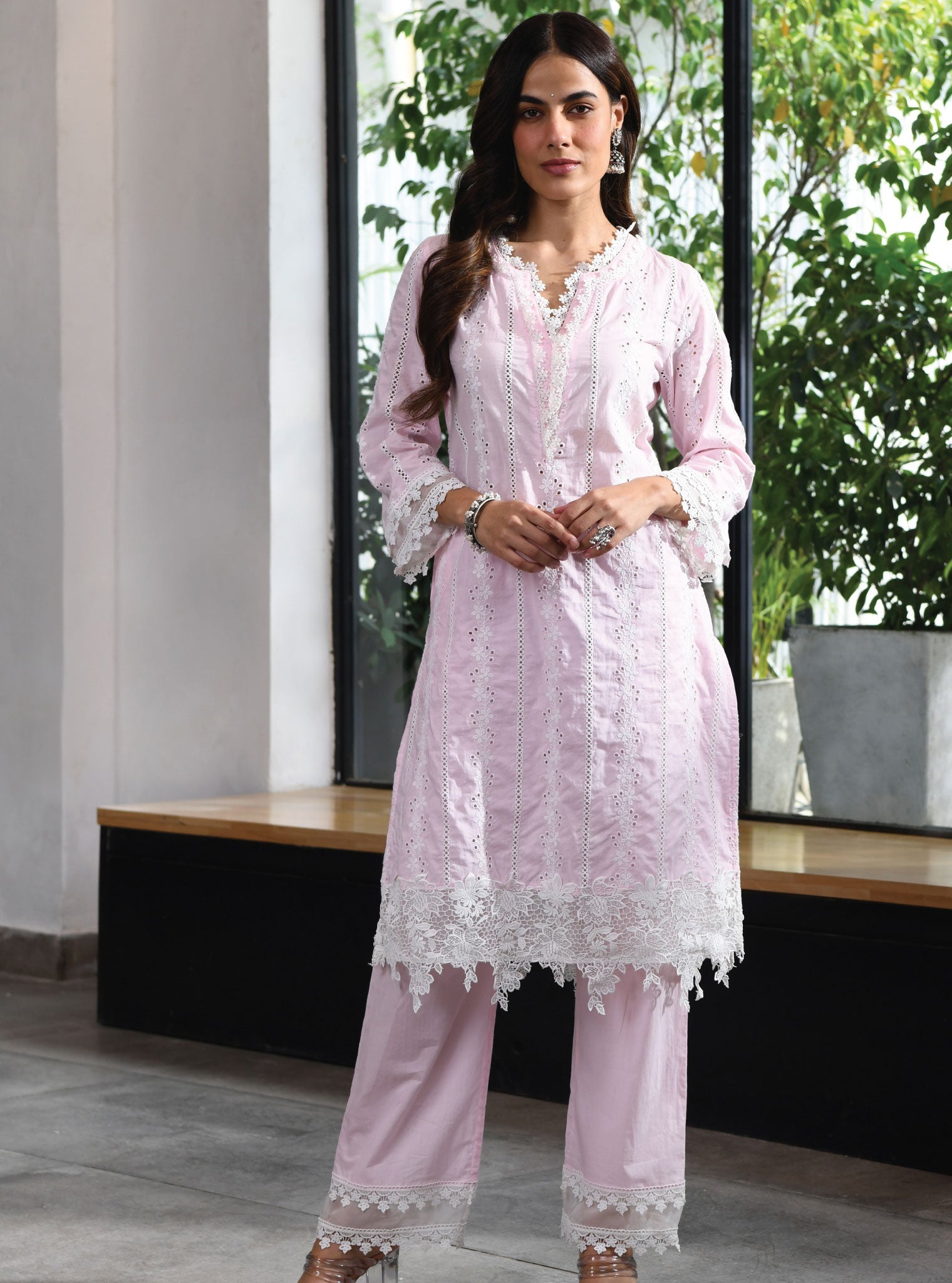 Mulmul Cotton Barnet Pink Kurta With Barnet Pink Pant