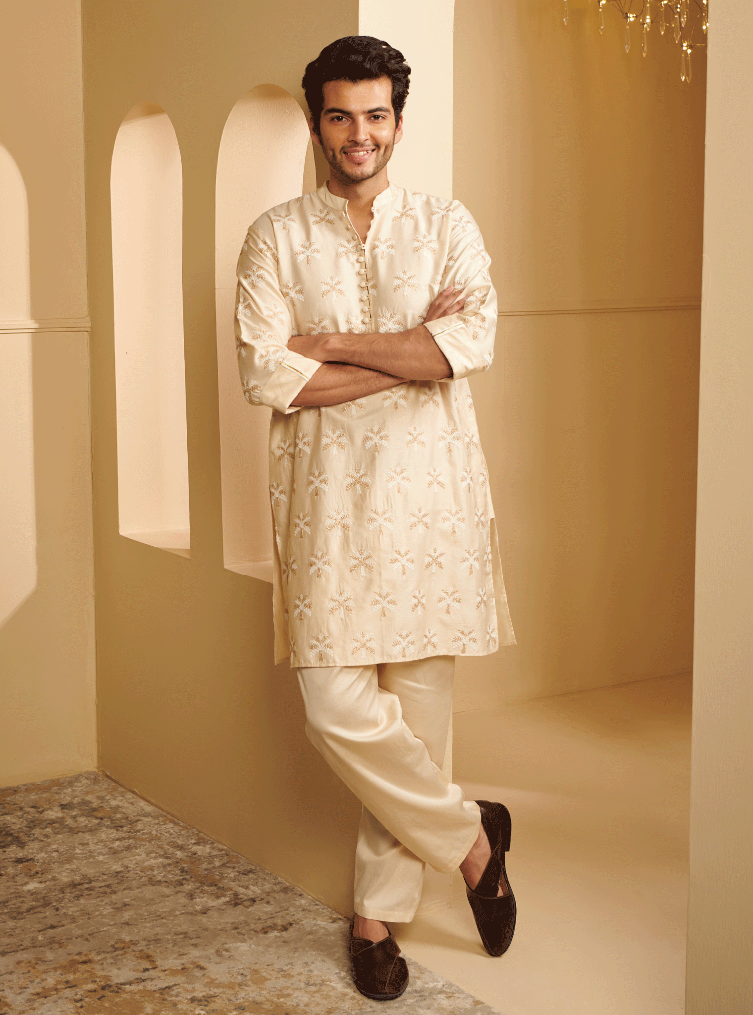 Mulmul Pima Satin Neo Off White Kurta With Mulmul Pima Satin Neo Off White Pyajama