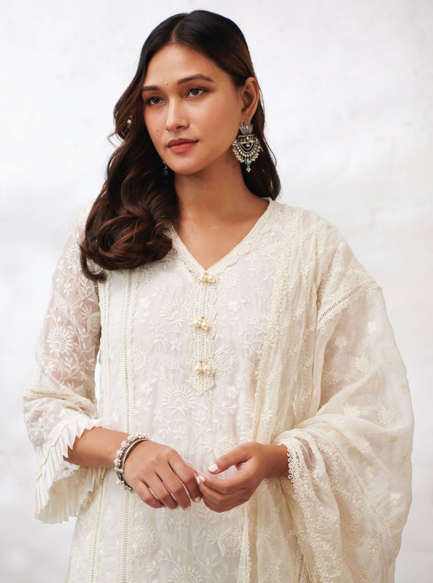 Mulmul Organza Dorset Off White Kurta With Cotton Dorset Off White Pant