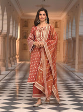 Mulmul Luxe Tissue Satin Dholna Red Kurta with Mulmul Luxe Tissue Satin Dholna Red Pant