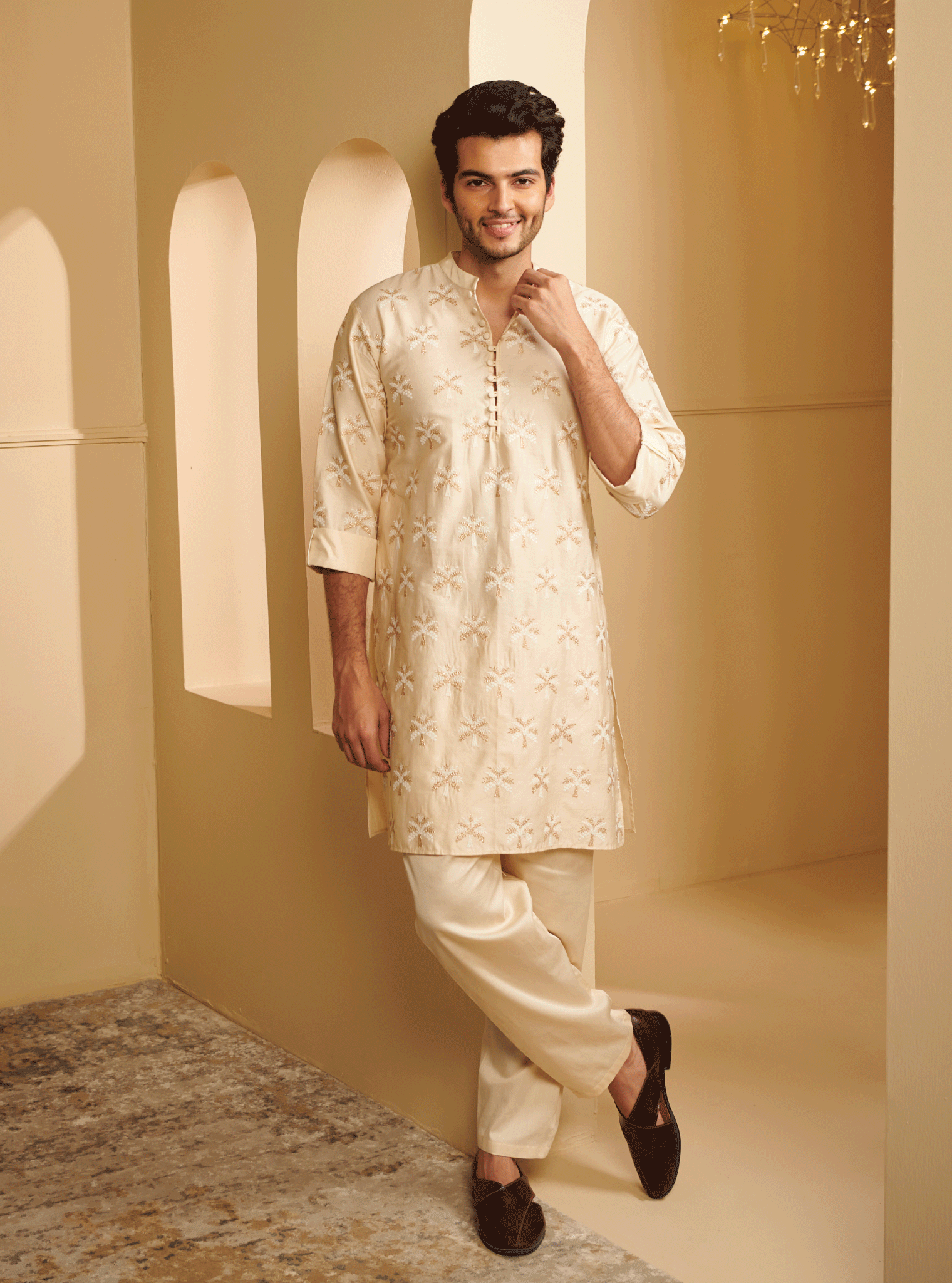 Mulmul Pima Satin Neo Off White Kurta With Mulmul Pima Satin Neo Off White Pyajama