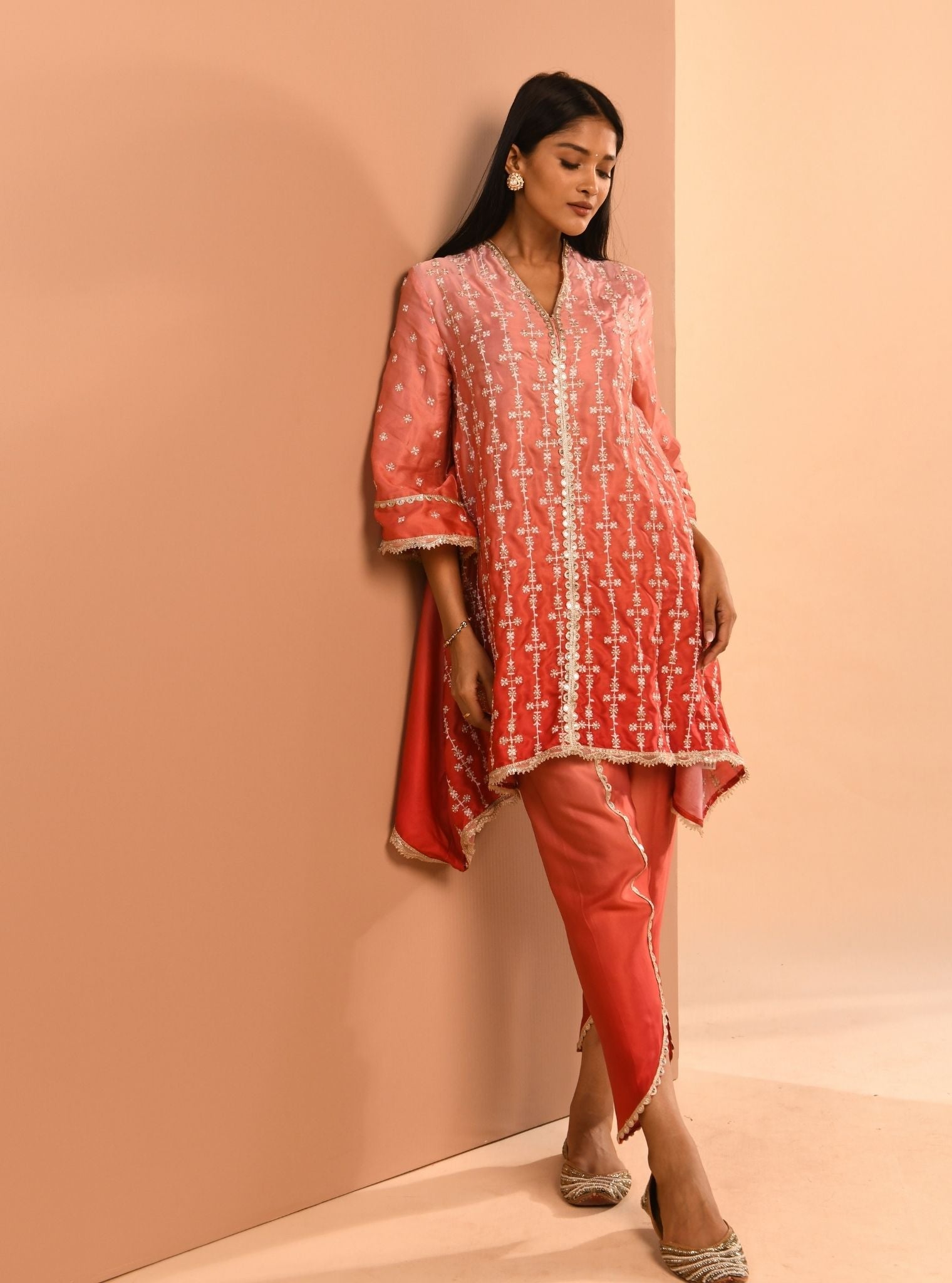 Mulmul Cupro Silk Inara Pink Kurta With Mulmul Inara Pink Dhoti Pant