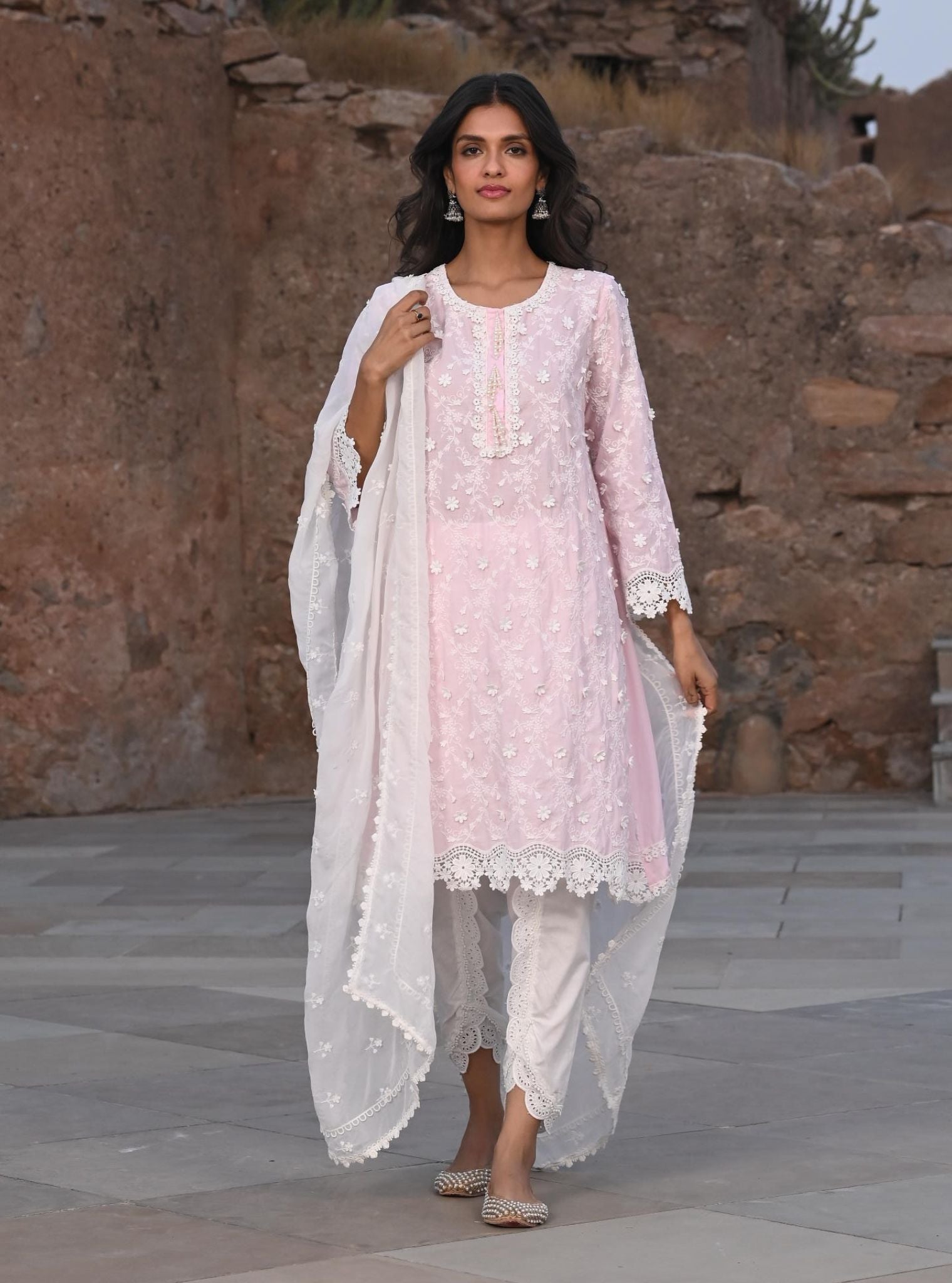 Mulmul Cotton BayBreeze Pink Kurta With Border White Dhoti Pant