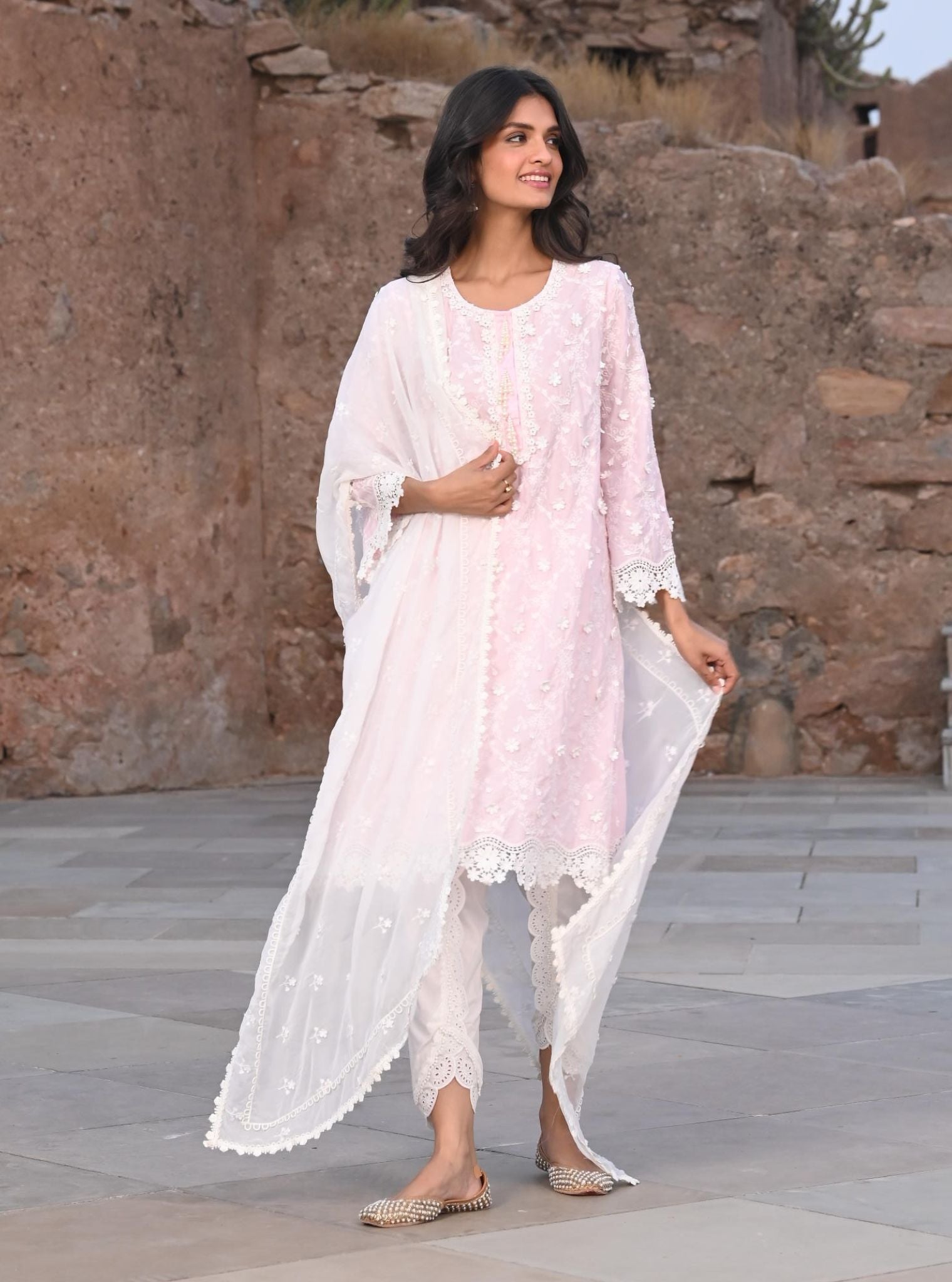 Mulmul Cotton BayBreeze Pink Kurta With Border White Dhoti Pant