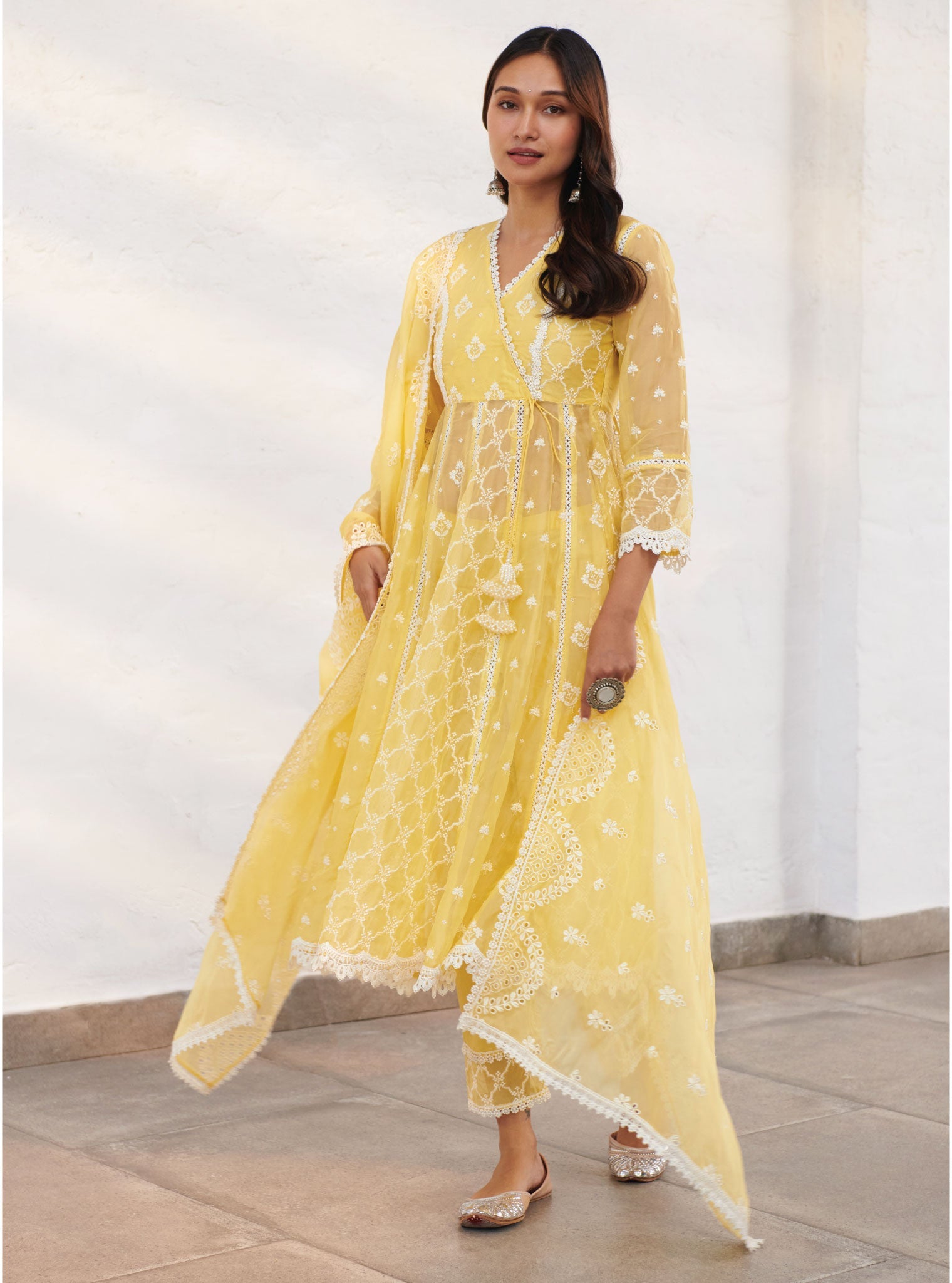 Mulmul Organza Morey Yellow Anarkali Kurta With Cotton Morey Yellow Pant