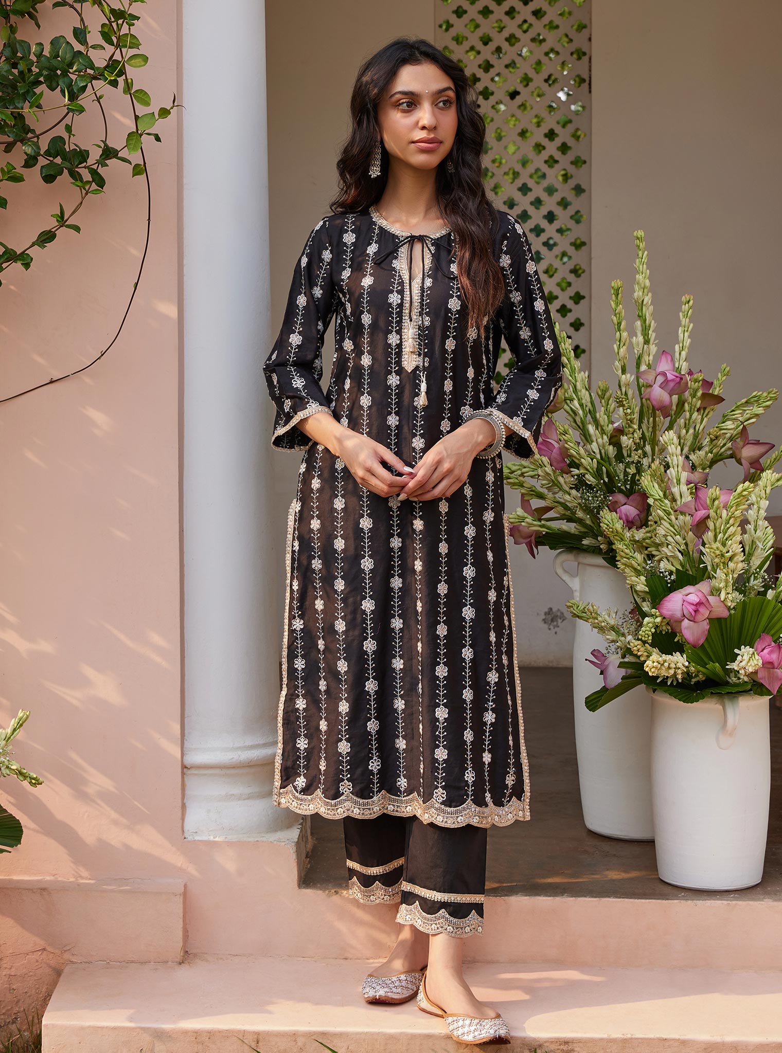 Mulmul Pima Jheel Black Kurta With Mulmul Jheel Black Pant