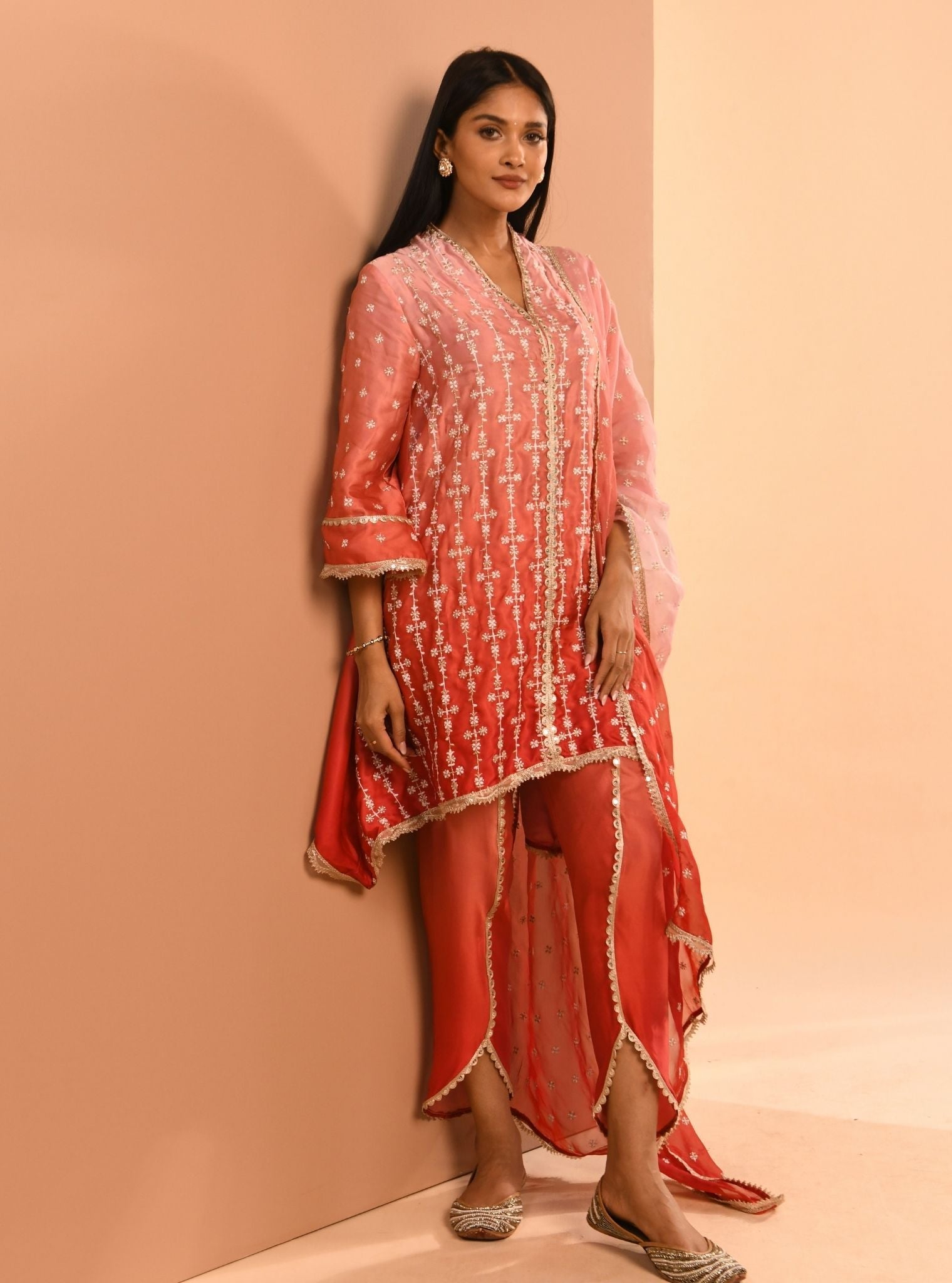 Mulmul Cupro Silk Inara Pink Kurta With Mulmul Inara Pink Dhoti Pant