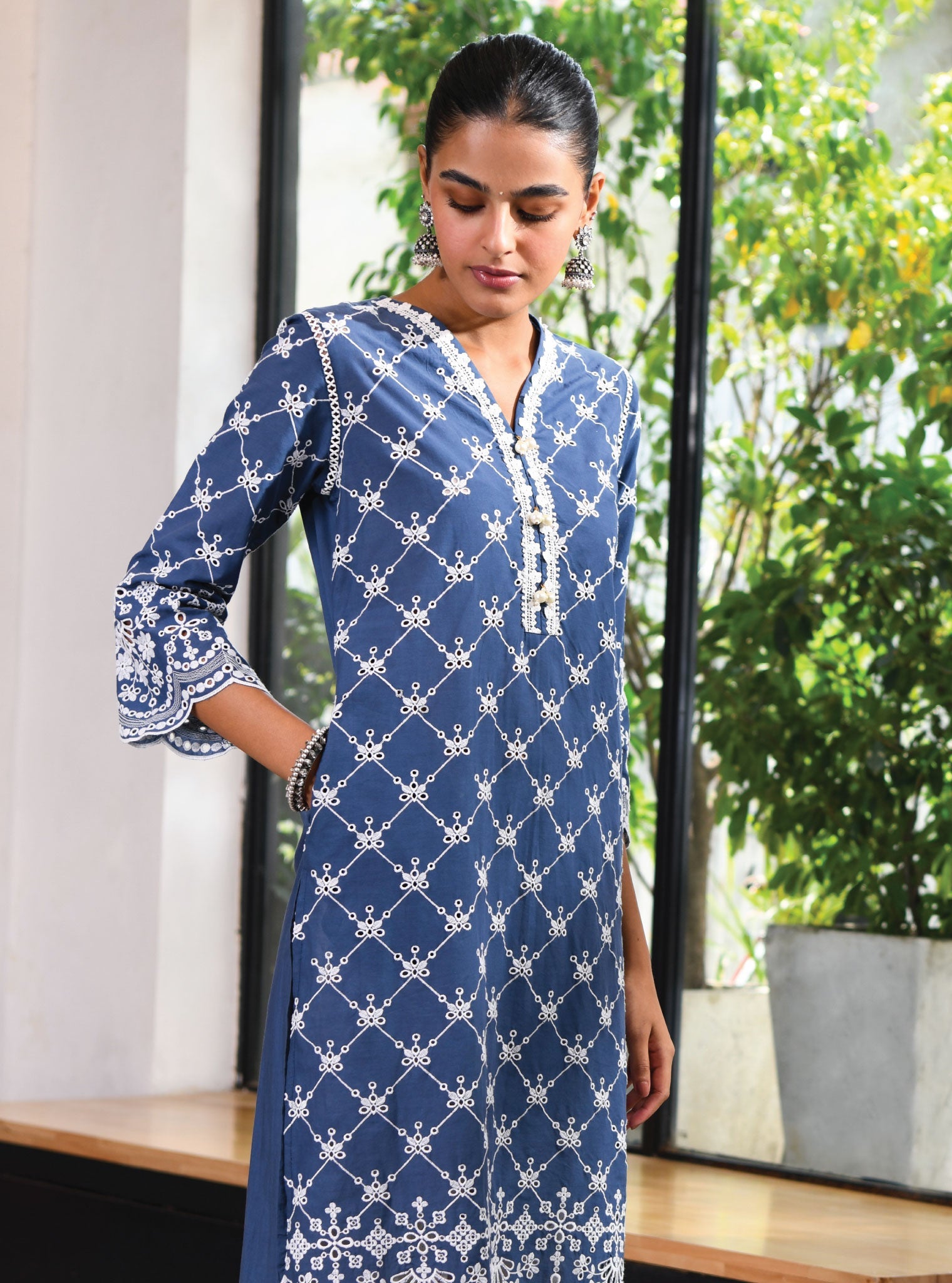 Mulmul Cotton Perth Navy Kurta With Border White Dhoti Pant