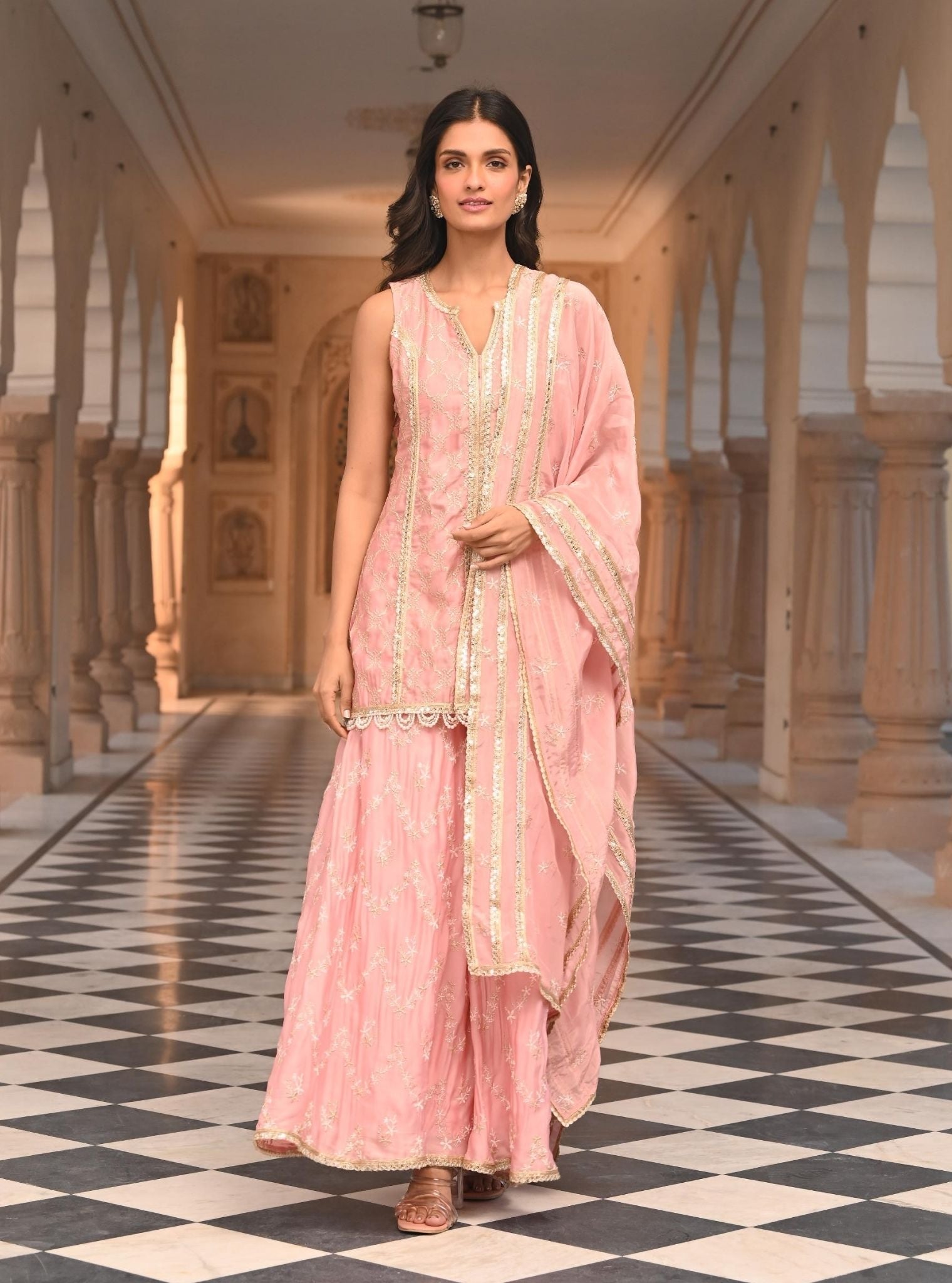 Mulmul Organza Satin Ainah Light Pink Kurta with Mulmul Organza Satin Ainah Light Pink Sharara