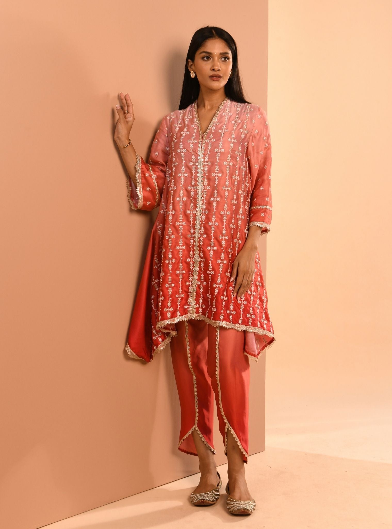 Mulmul Cupro Silk Inara Pink Kurta With Mulmul Inara Pink Dhoti Pant