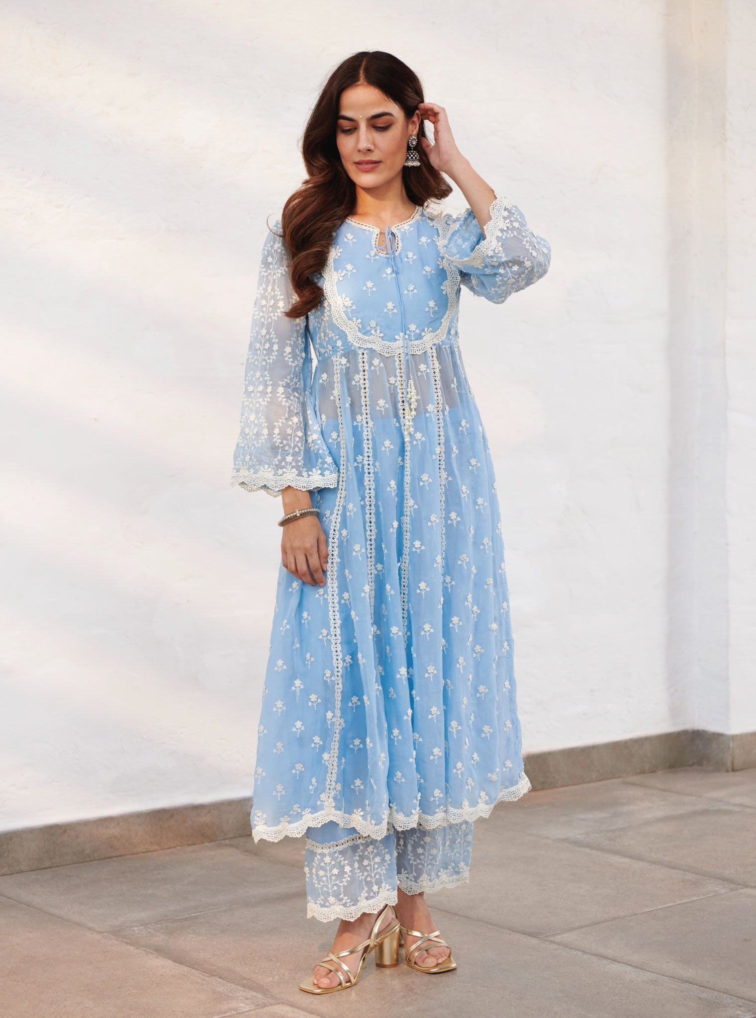 Mulmul Organza Sussex Blue Anarkali Kurta With Cotton Sussex Blue Pant