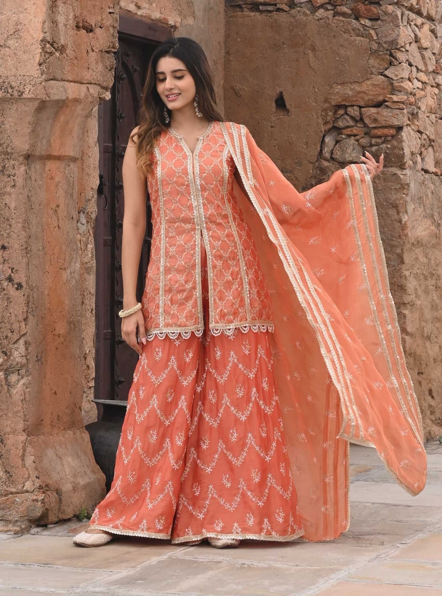 Mulmul Organza Satin Ainah Burnt Orange Kurta with Mulmul Organza Satin Ainah Burnt Orange Sharara