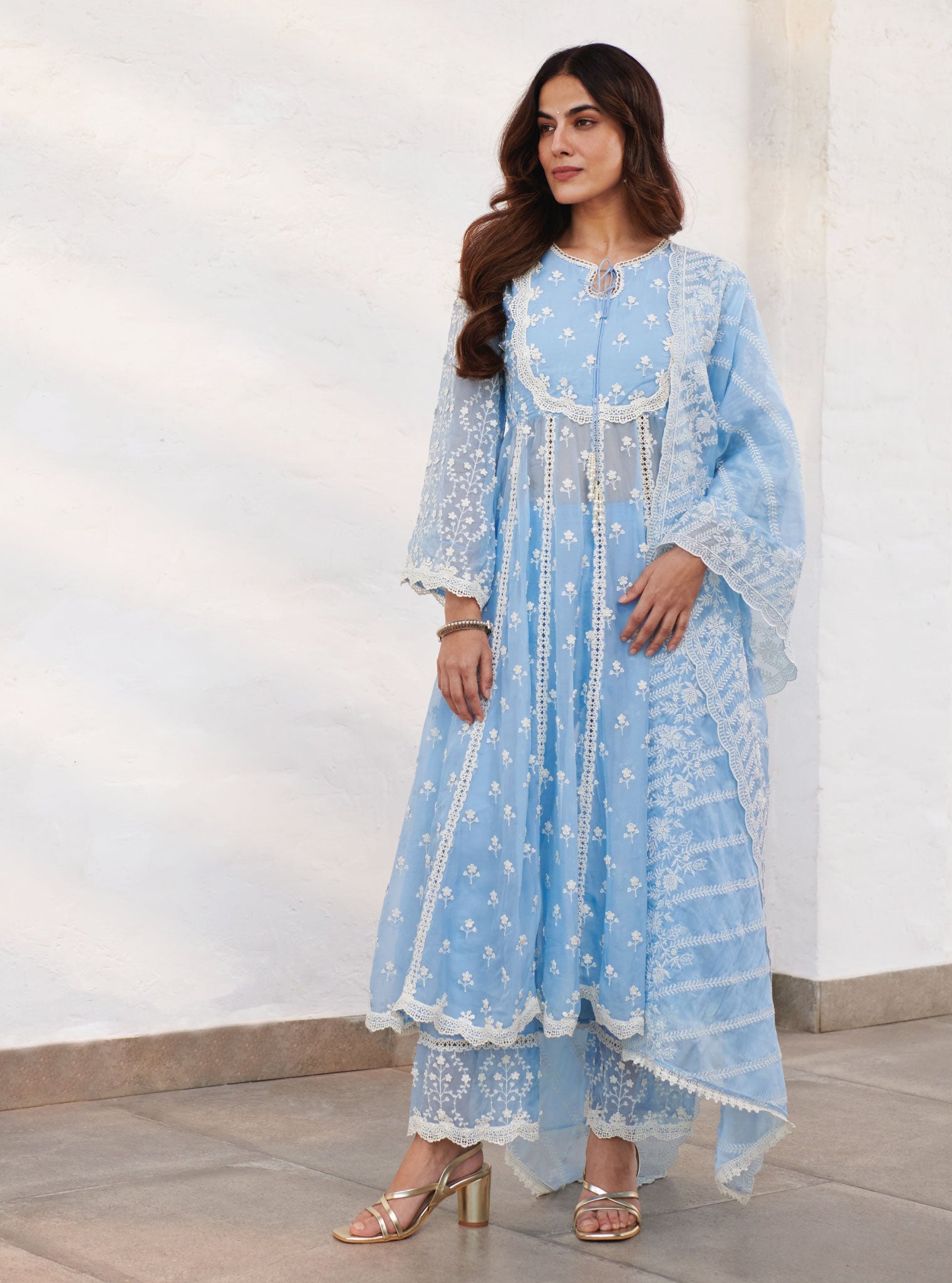 Mulmul Organza Sussex Blue Anarkali Kurta With Cotton Sussex Blue Pant