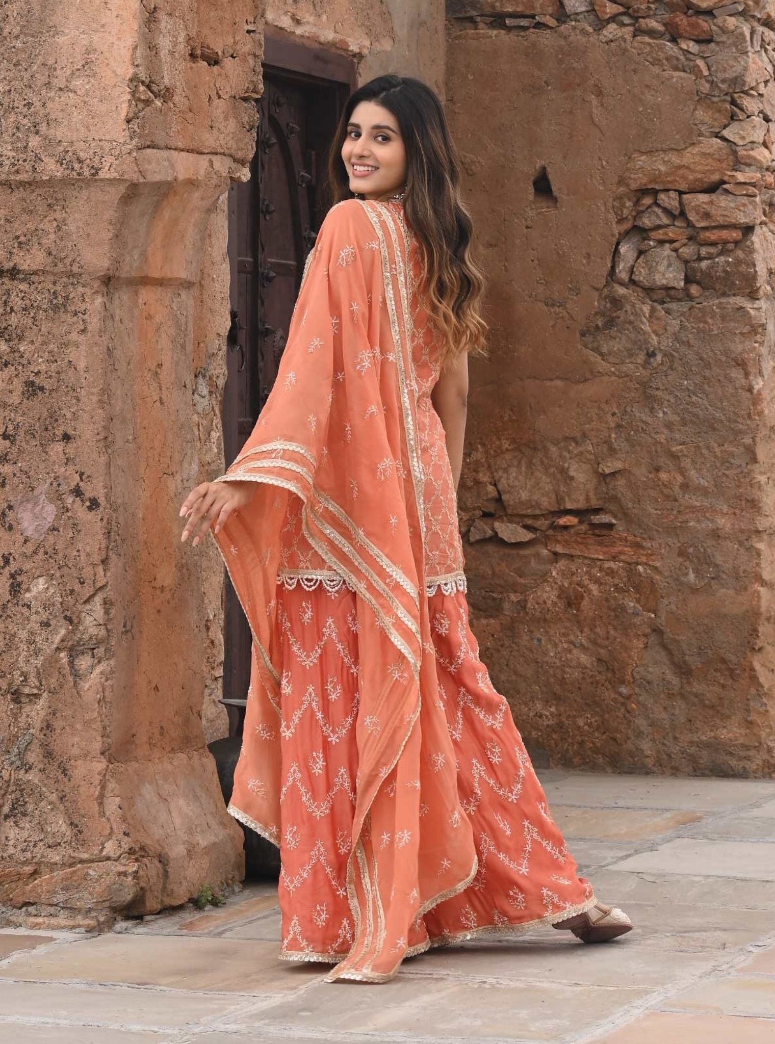 Mulmul Organza Satin Ainah Burnt Orange Kurta with Mulmul Organza Satin Ainah Burnt Orange Sharara