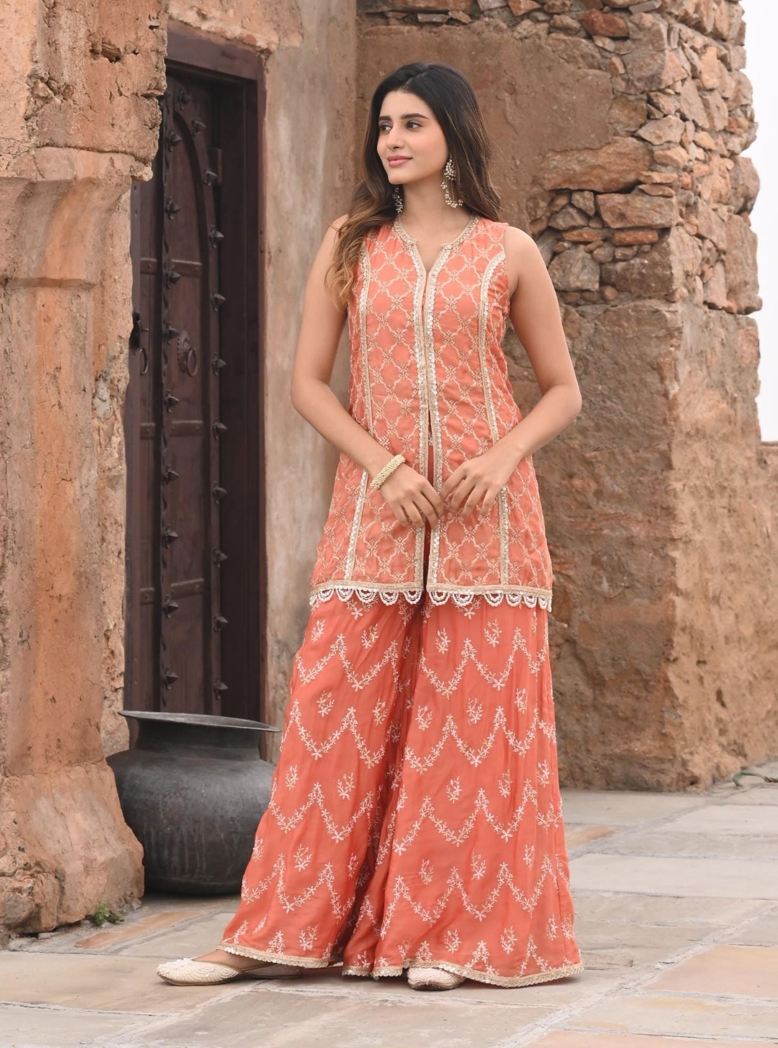 Mulmul Organza Satin Ainah Burnt Orange Kurta with Mulmul Organza Satin Ainah Burnt Orange Sharara