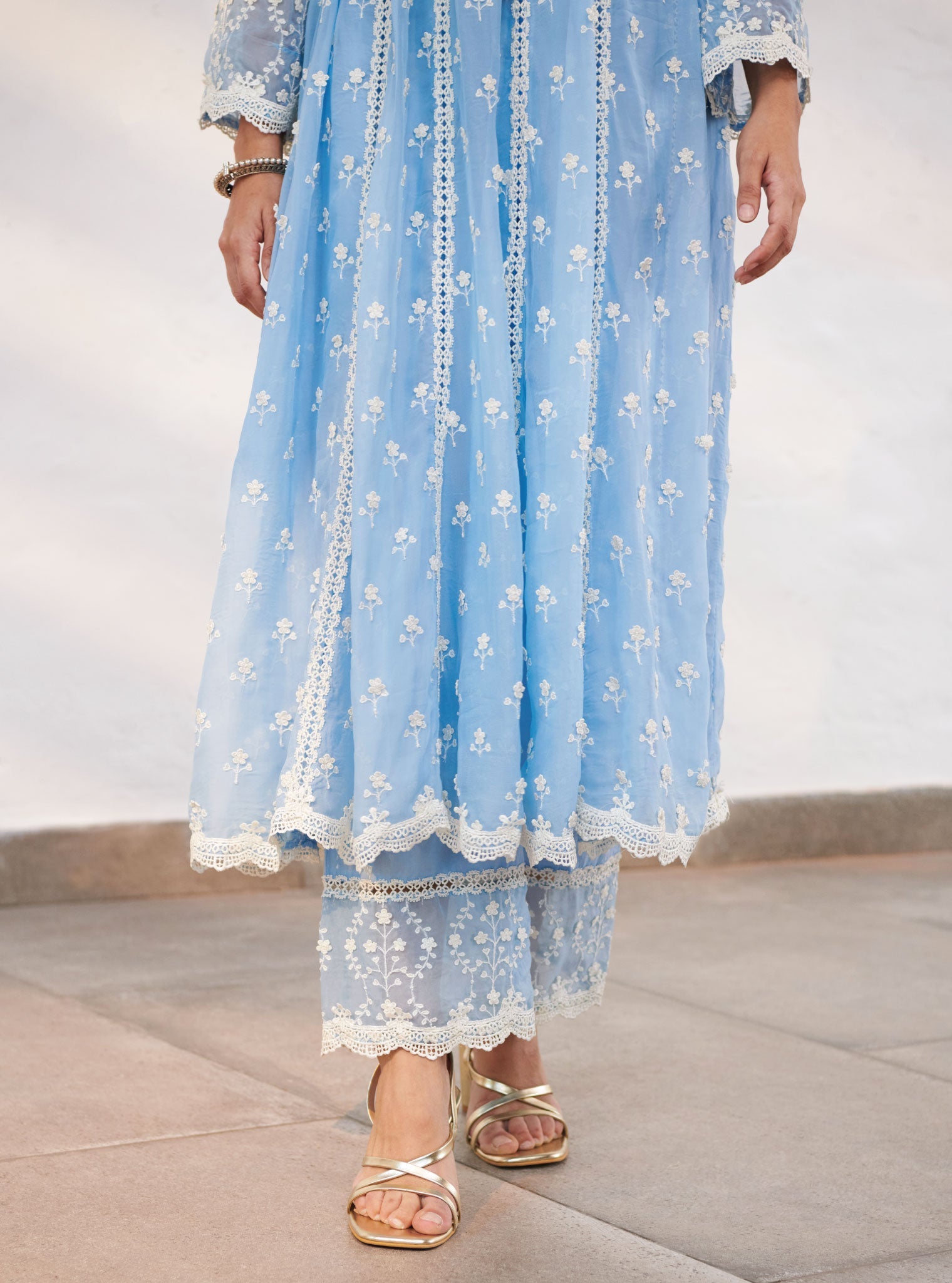 Mulmul Organza Sussex Blue Anarkali Kurta With Cotton Sussex Blue Pant