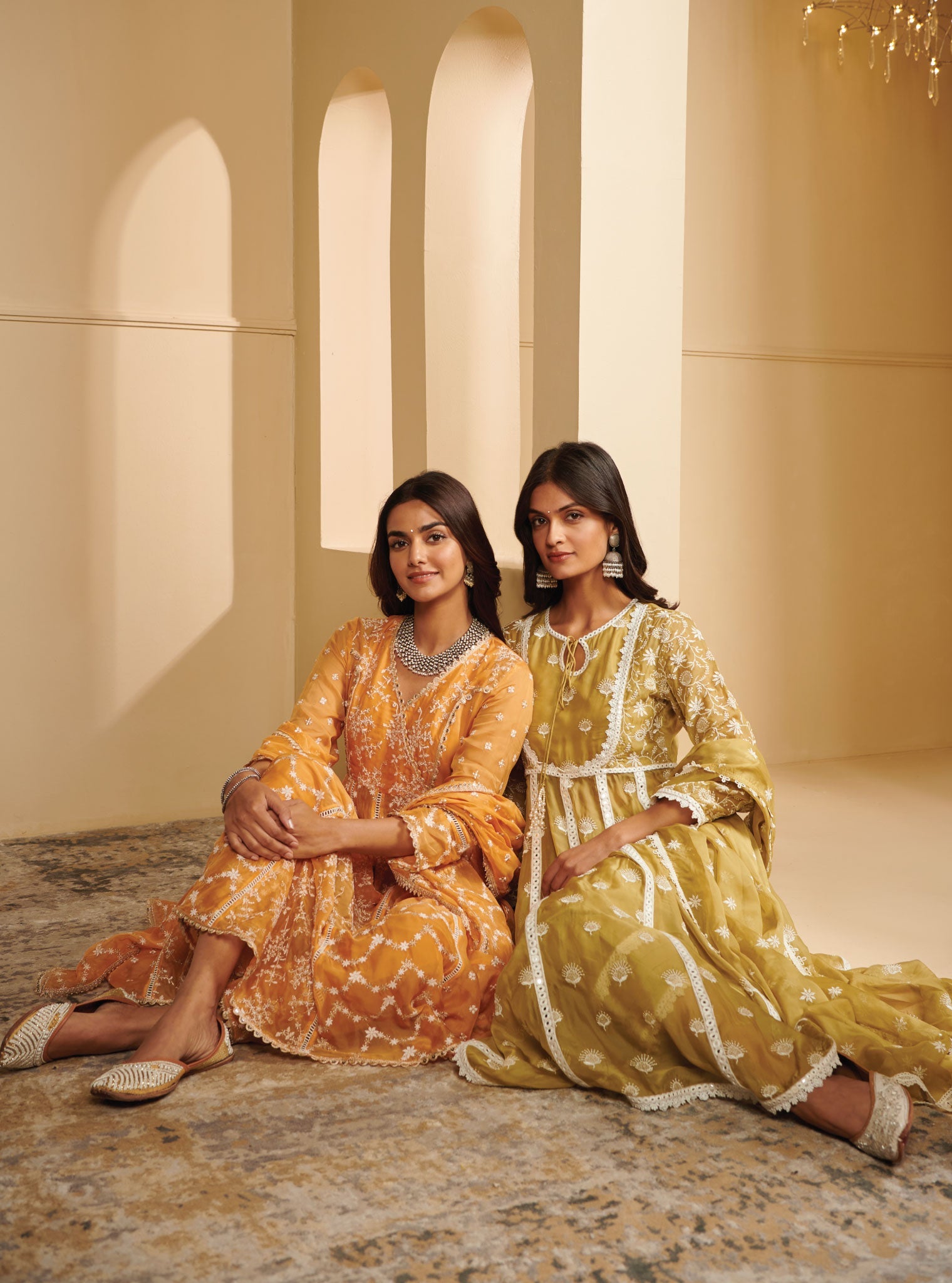 Mulmul Organza Prasatti Anarkali Mango Kurta With Mulmul Pima Satin Prasatti Mango pant