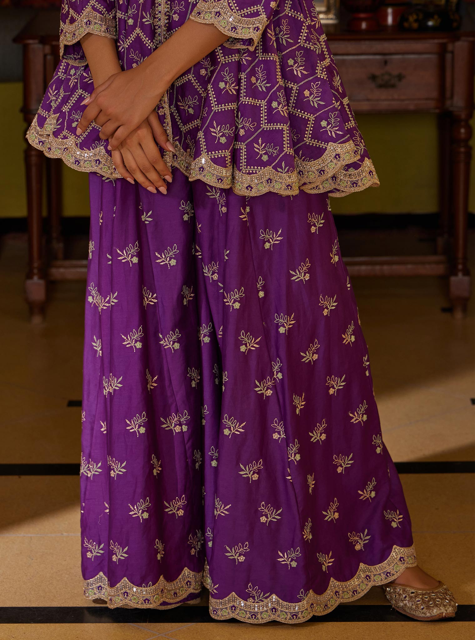 Mulmul Pima Bisini Purple Top With Mulmul Bisini Purple Sharara