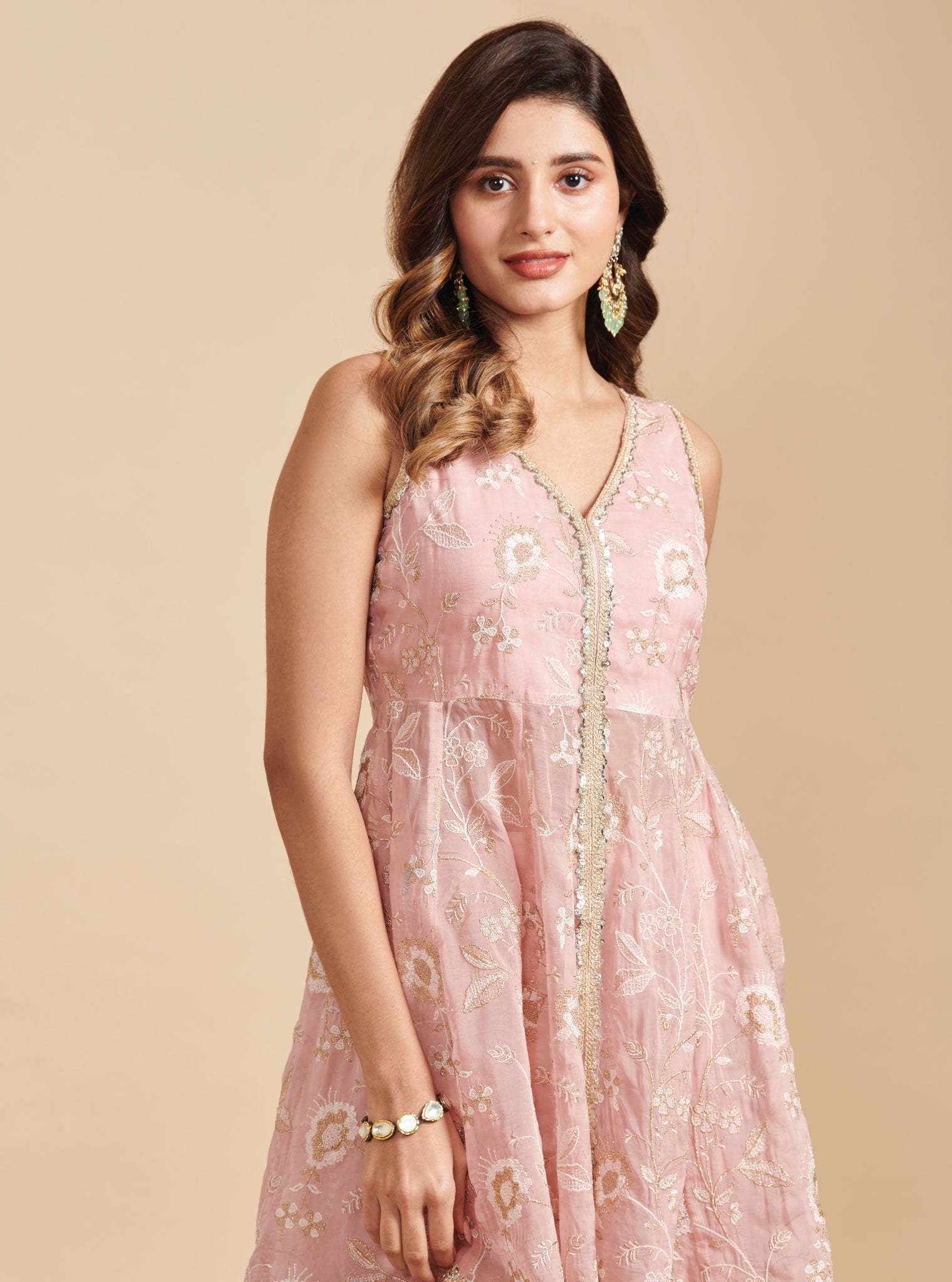 Mulmul Organza Lashkara Pink Short Anarkali Kurta With Mulmul Silk Lashkara Pink Sharara