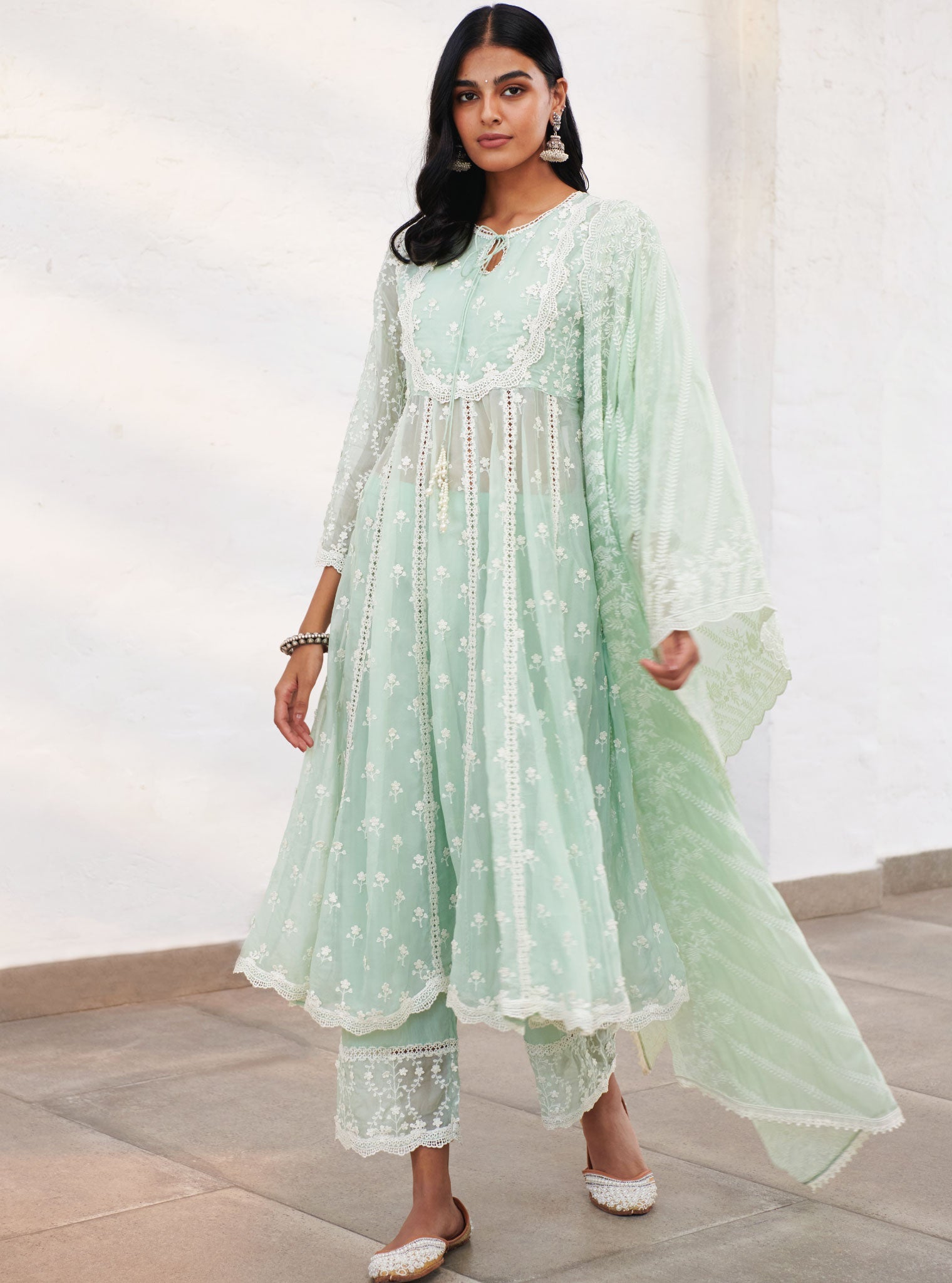 Mulmul Organza Sussex Green Anarkali Kurta With Cotton Sussex Green Pant