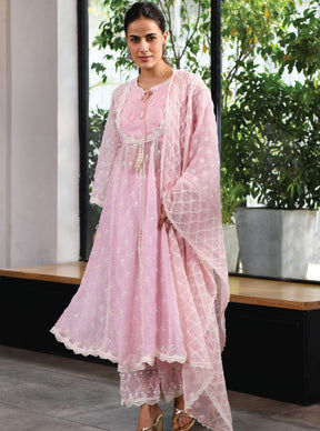Mulmul Organza Sussex Pink Anarkali Kurta With Cotton Sussex Pink Pant