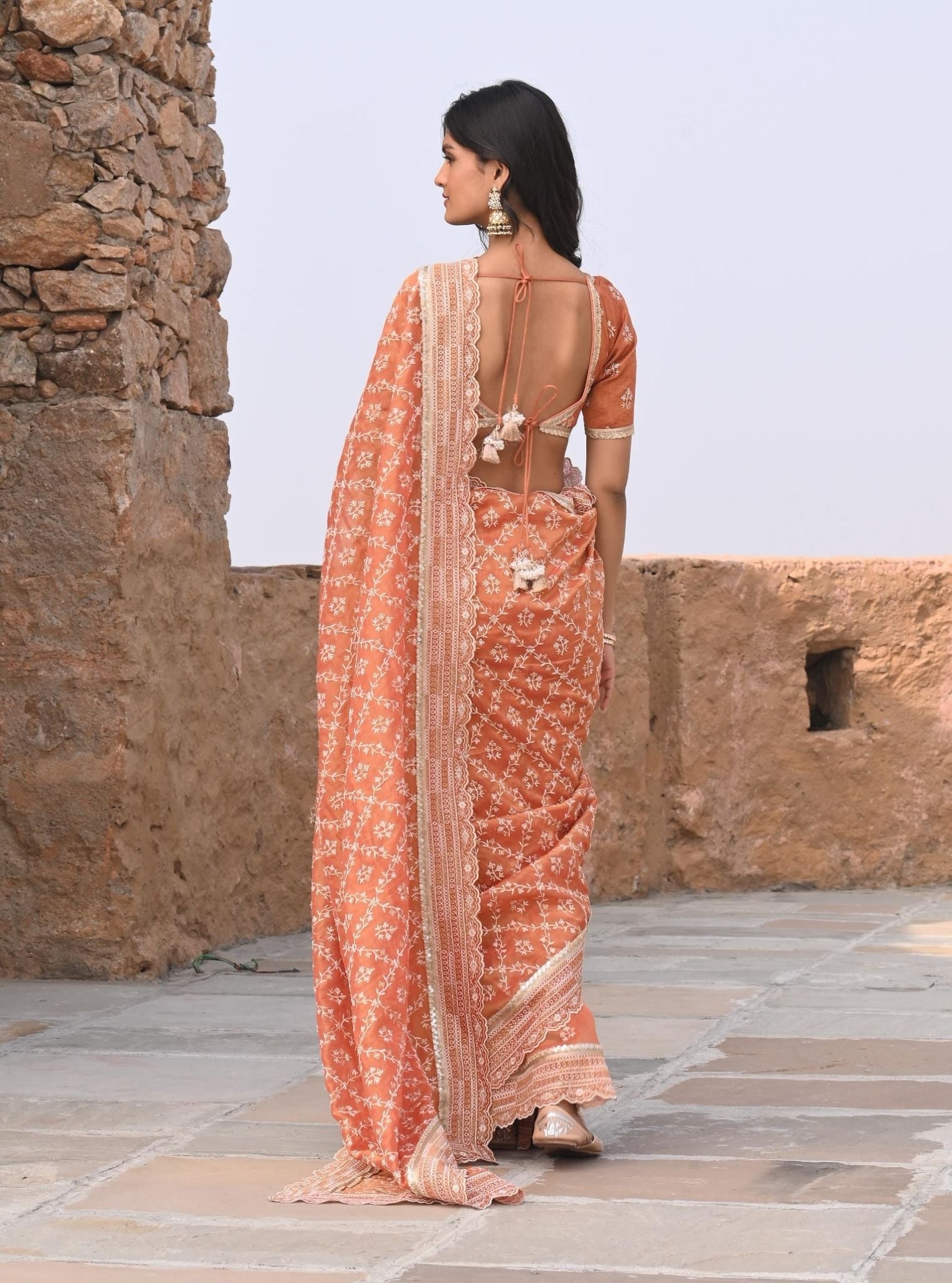 Mulmul Luxe Tissue Mehram Burnt Orange Saree