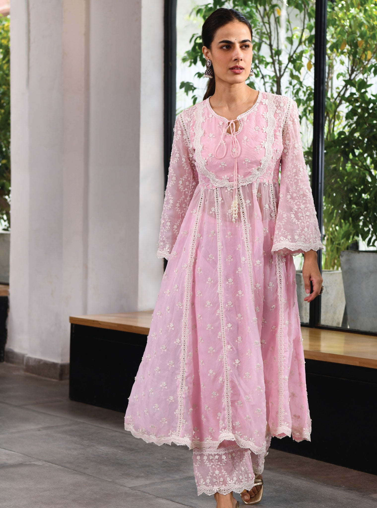 Mulmul Organza Sussex Pink Anarkali Kurta With Cotton Sussex Pink Pant
