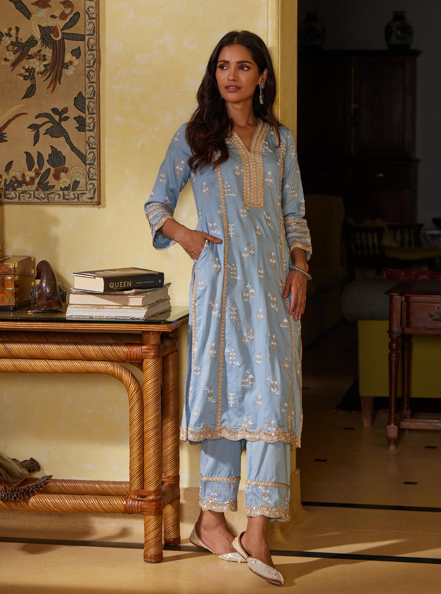 Mulmul Pima Nimisa Blue Kurta With Mulmul Nimisa Blue Pant