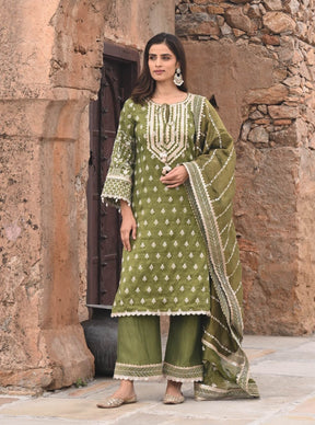 Mulmul Luxe Tissue Satin Dholna Moss Green Kurta with Mulmul Luxe Tissue Satin Dholna Moss Green Pant