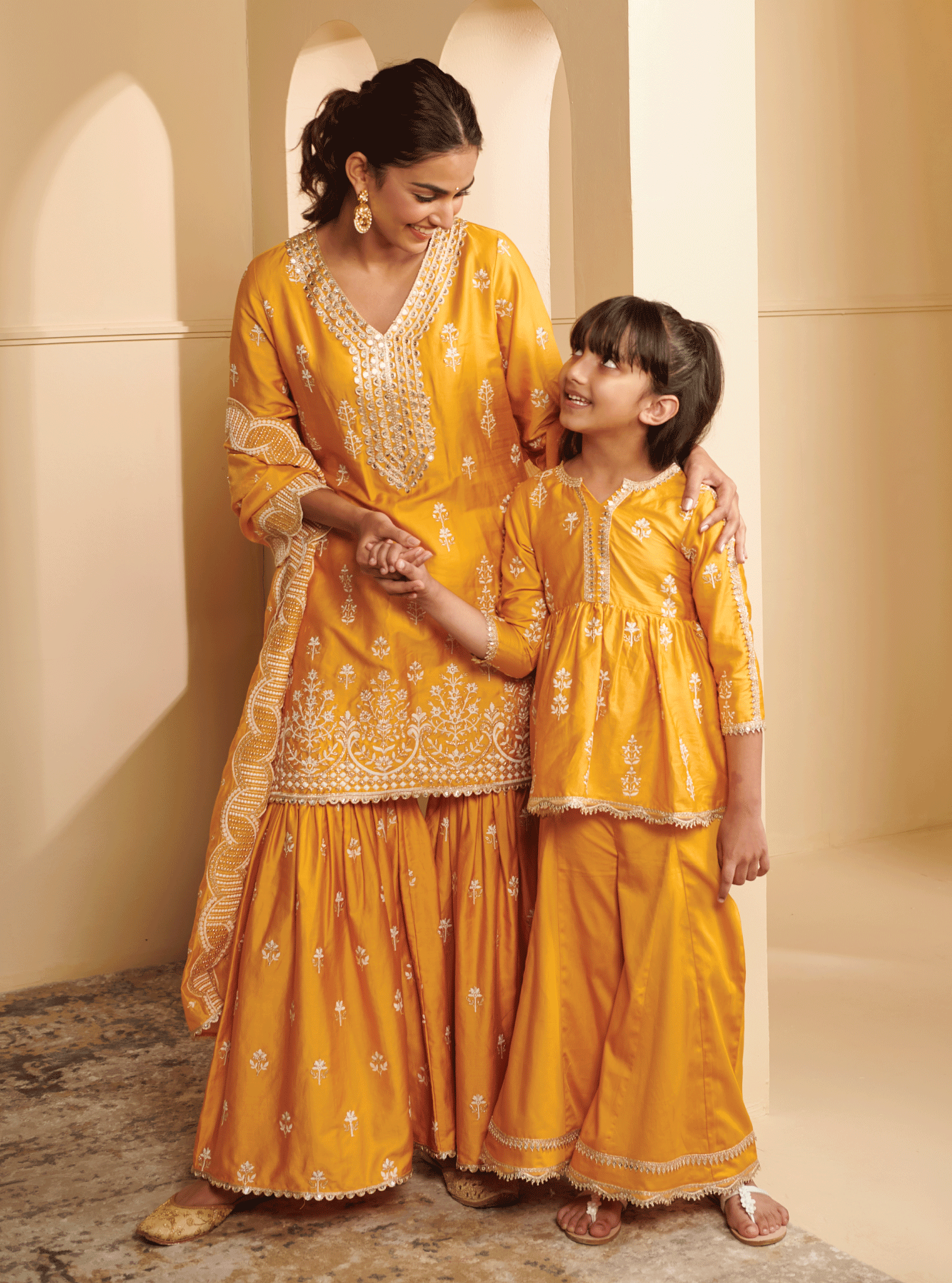 Mulmul Pima Satin Jhelum Yellow Kurta With Jhelum Yellow Sharara