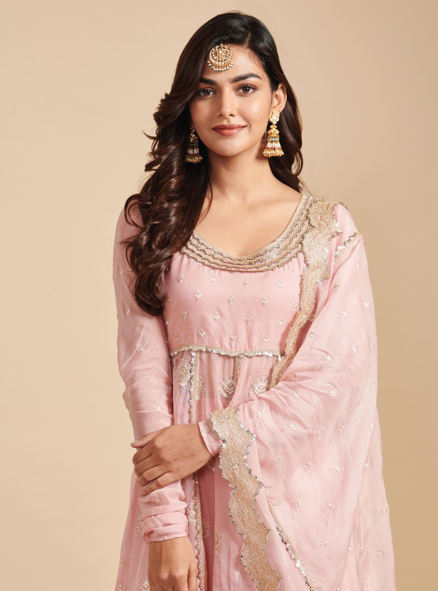 Mulmul Organza Gulabo Pink Anarkali Kurta With Mulmul Cupro Gulabo Pink pant