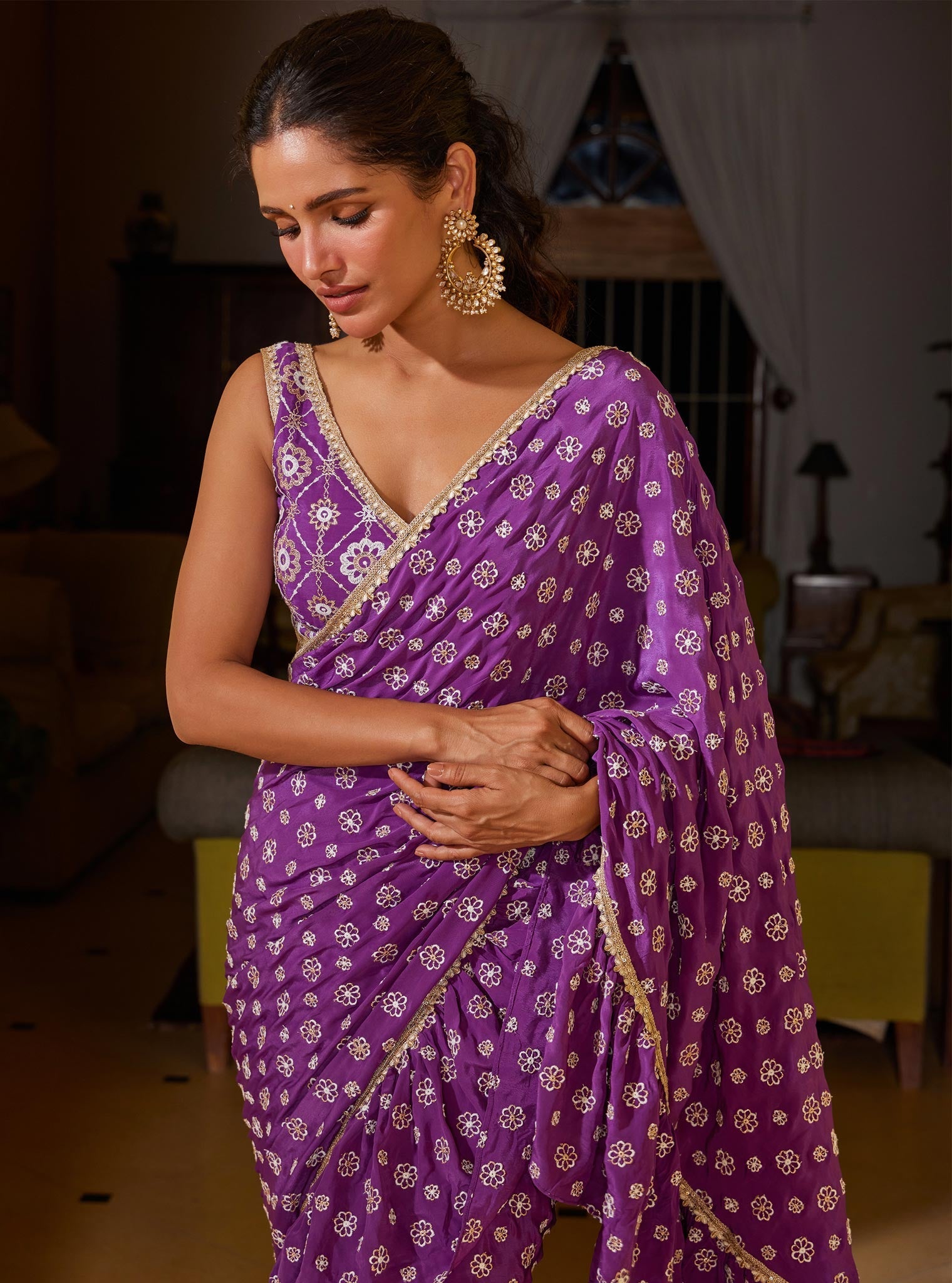 Mulmul Crepe Brahmi Pre-Stitched Purple Saree