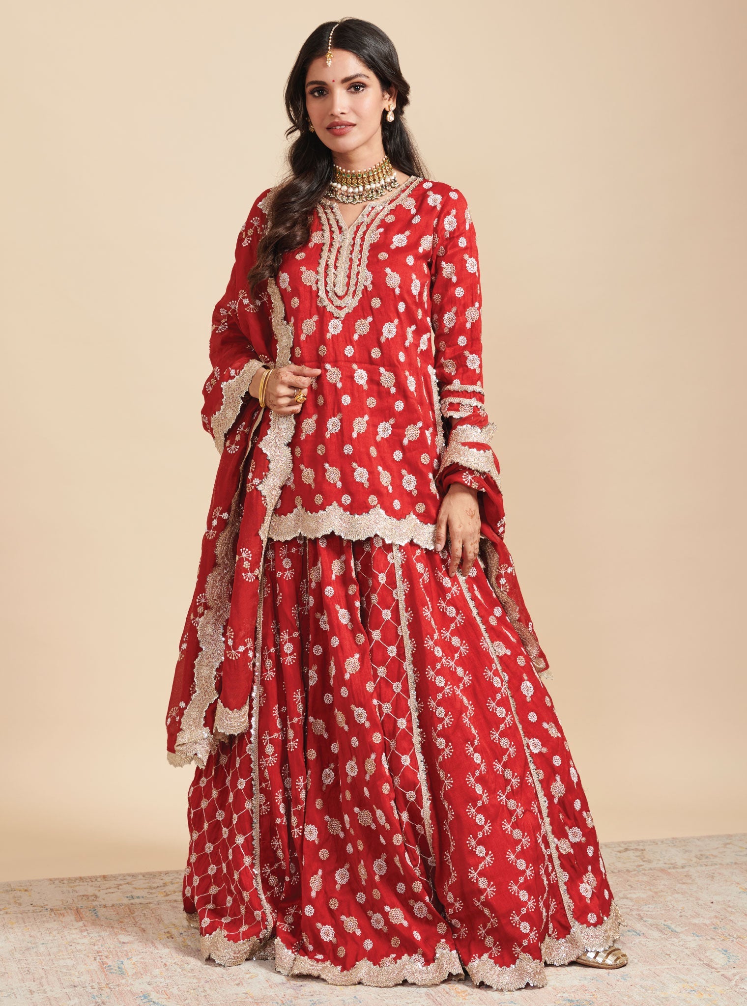 Mulmul Silk Surkh Red Kurta With Mulmul Silk Surkh Red Lehenga