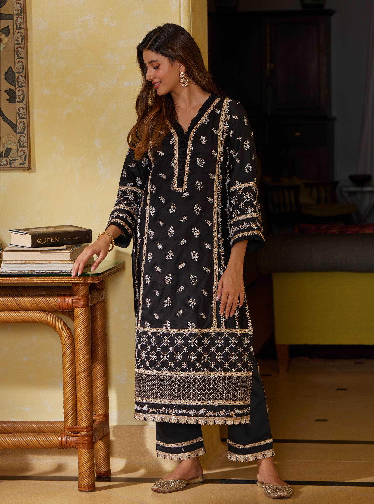 Mulmul Pima Anvesa Black Kurta with Mulmul Pima Anvesa Black Pant