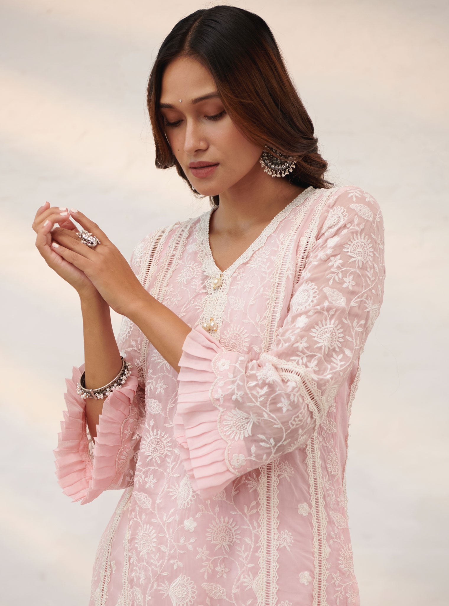 Mulmul Organza Dorset Pink Kurta With Cotton Dorset Pink Pant